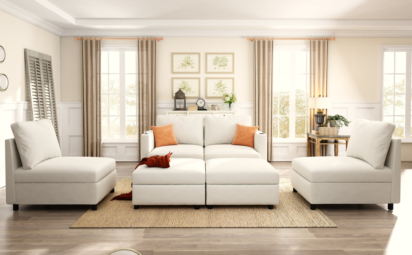 Plush cream sectional sofa with orange accent pillows for modern living rooms