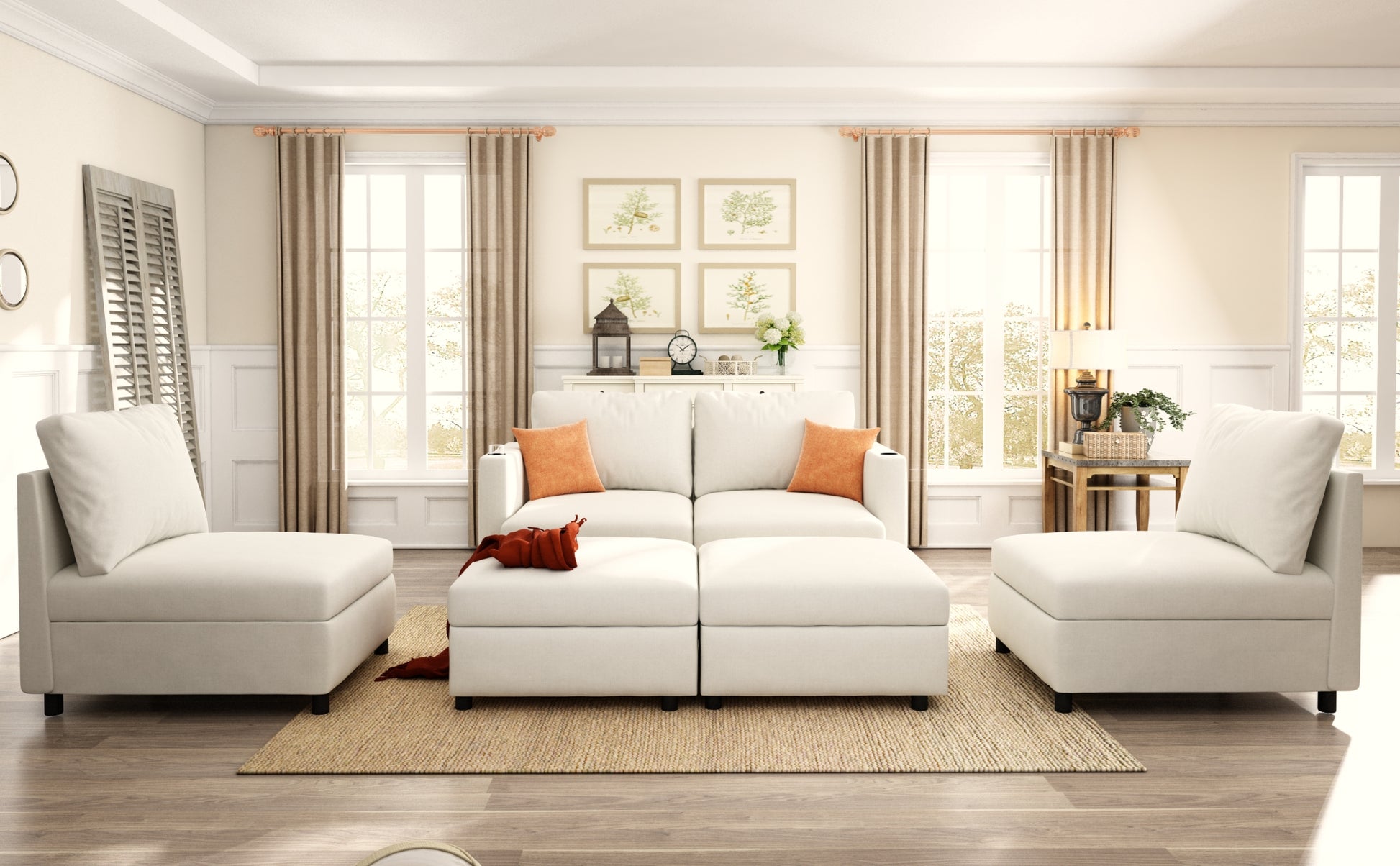 Plush cream sectional sofa with orange accent pillows for modern living rooms