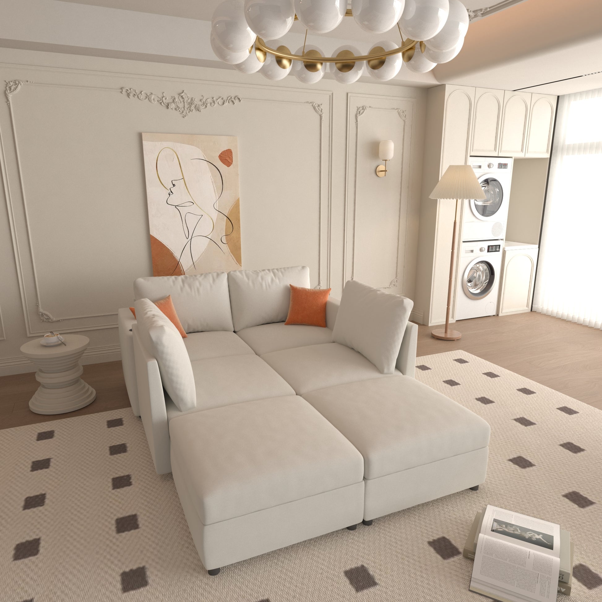 Modern sectional sofa in cream fabric with orange accent pillows perfect for living rooms