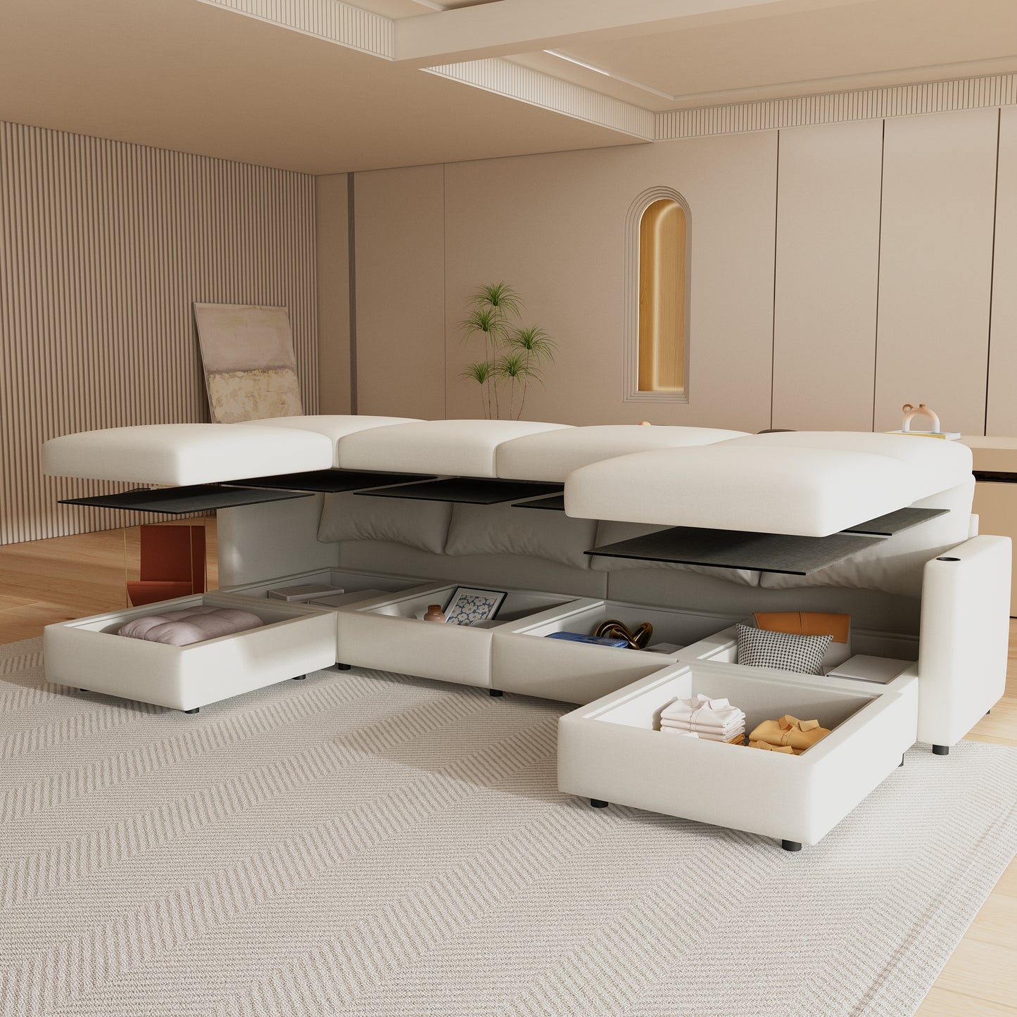 White sectional sofa with hidden storage compartments and plush cushions ideal for modern living rooms