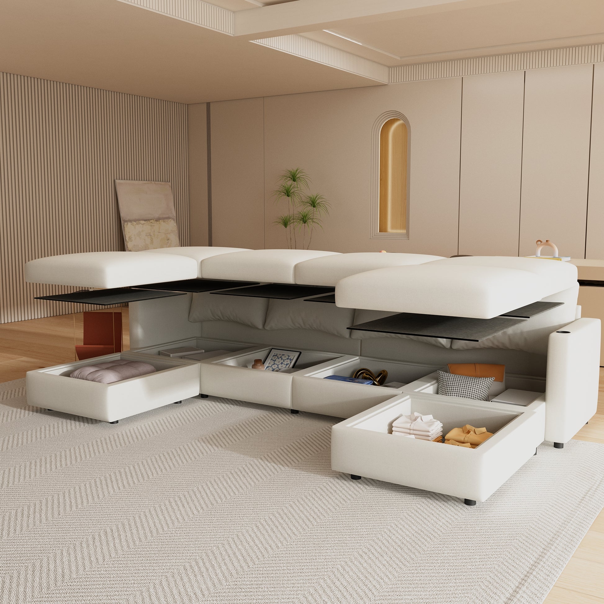 White sectional sofa with hidden storage compartments and plush cushions ideal for modern living rooms