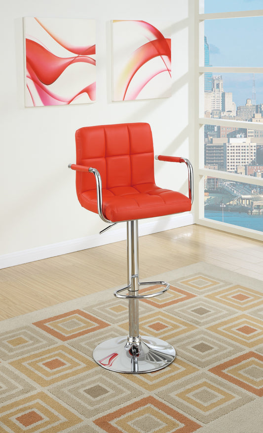 Red faux leather adjustable bar stool with chrome base and armrests