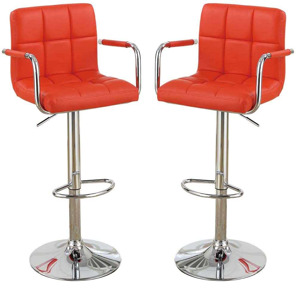 Two modern red faux leather bar stools with chrome accents and adjustable height