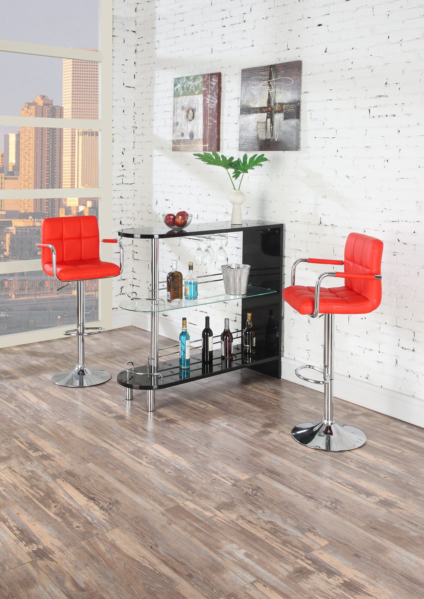 Red upholstered bar stool with chrome accents perfect for modern kitchens and bars