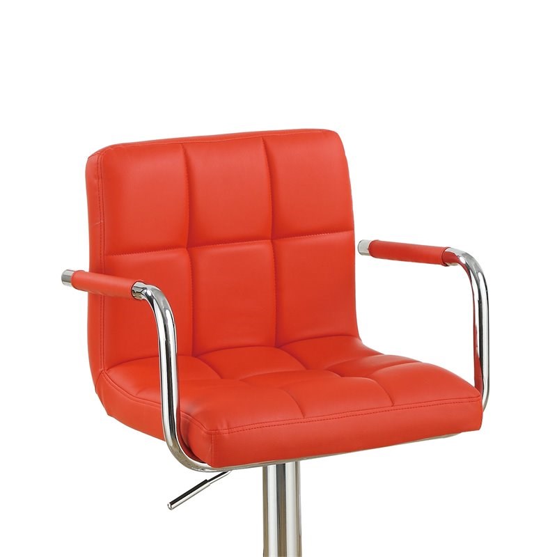 Red leather bar stool with chrome accents and quilted seat detail