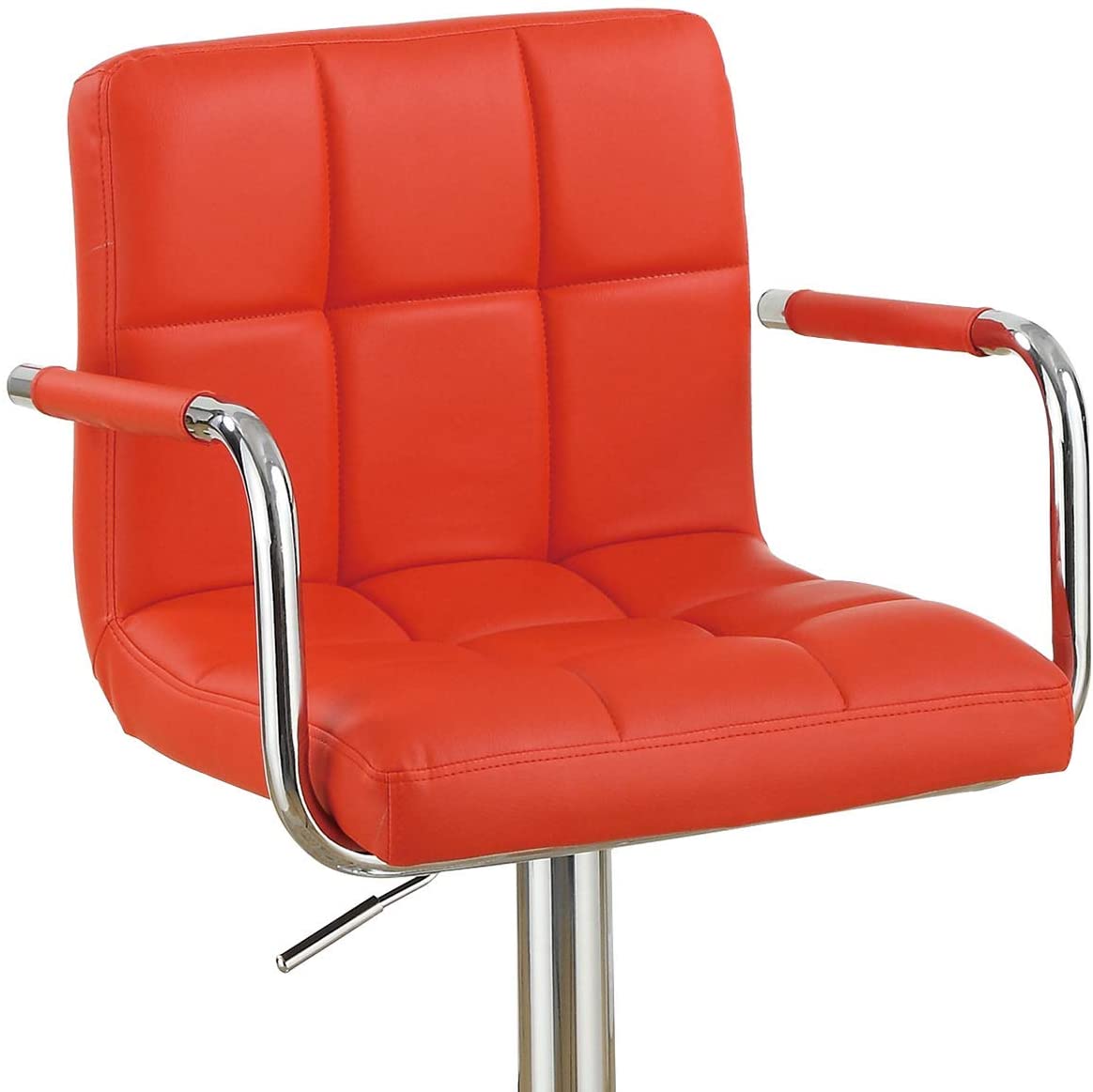 Red faux leather bar stool with tufted seat and chrome armrests