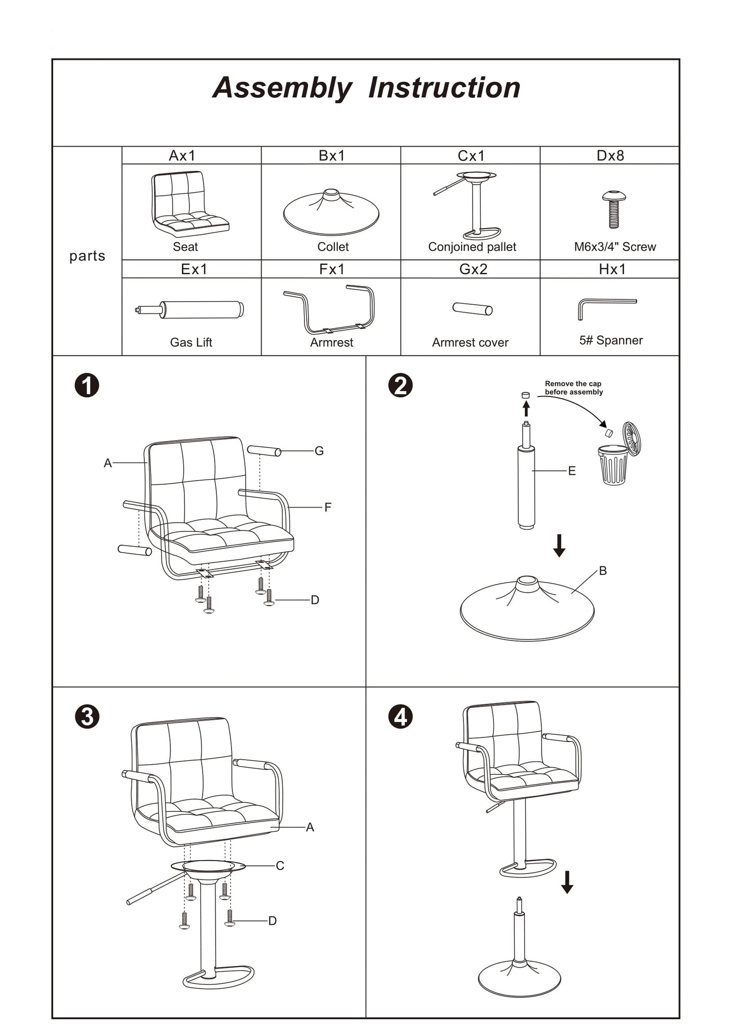 Diagram showing assembly step  attaching armrests to the seat of the swivel chair