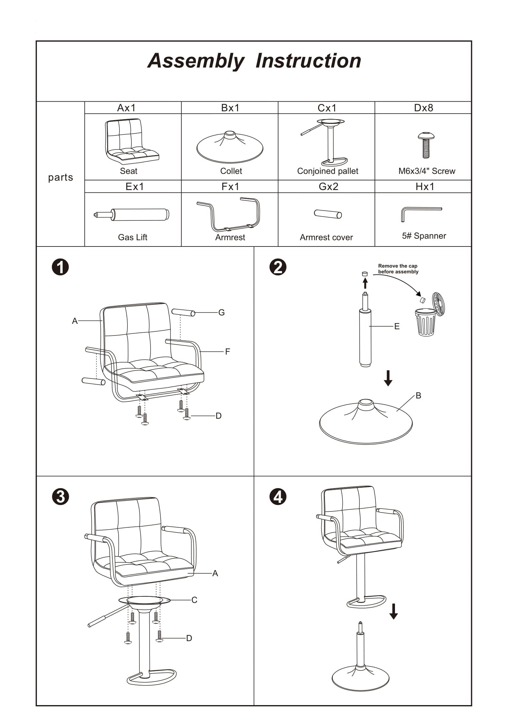 Diagram showing assembly step  attaching armrests to the seat of the swivel chair
