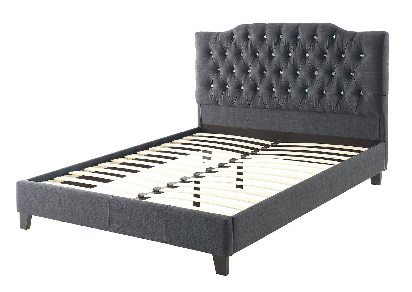 Dark gray upholstered bed frame with crystal tufted headboard and wooden slats