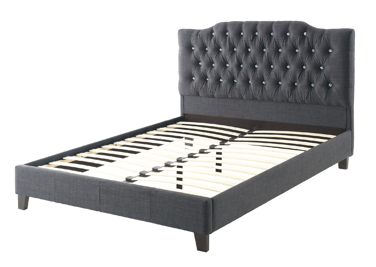 Dark gray upholstered bed frame with crystal tufted headboard and wooden slats