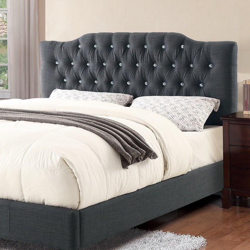 Dark gray tufted upholstered bed frame with crystal accents queen size