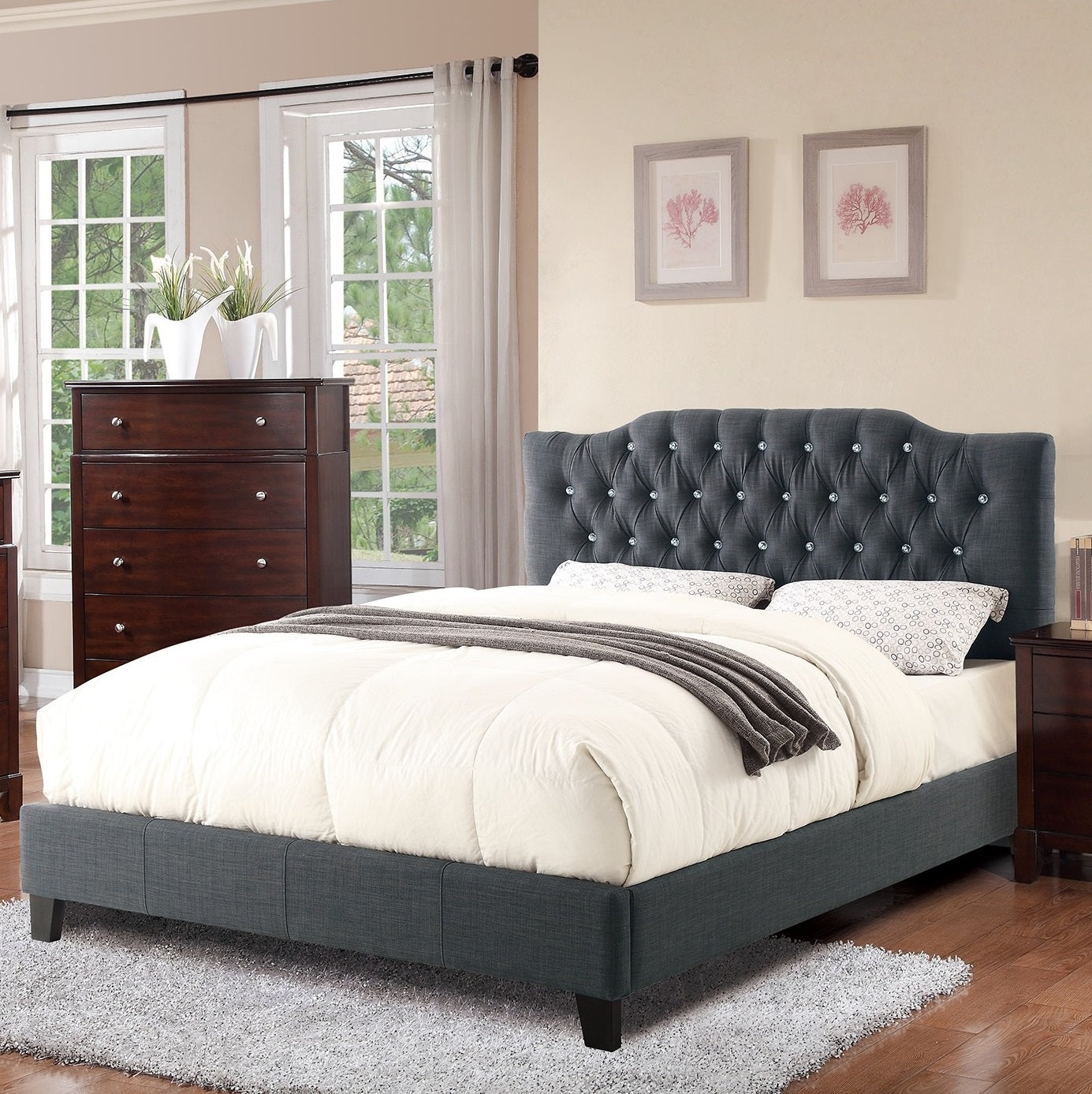 Tufted charcoal gray upholstered queen bed frame with crystal accents