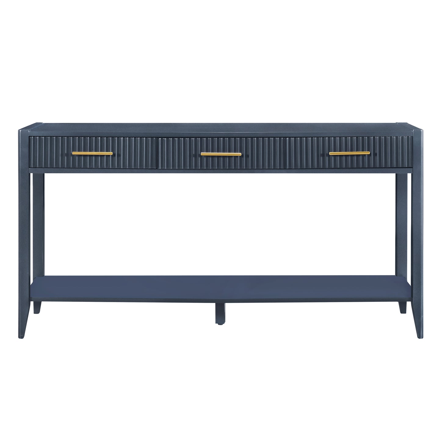 Navy blue console table with three fluted drawers and gold hardware