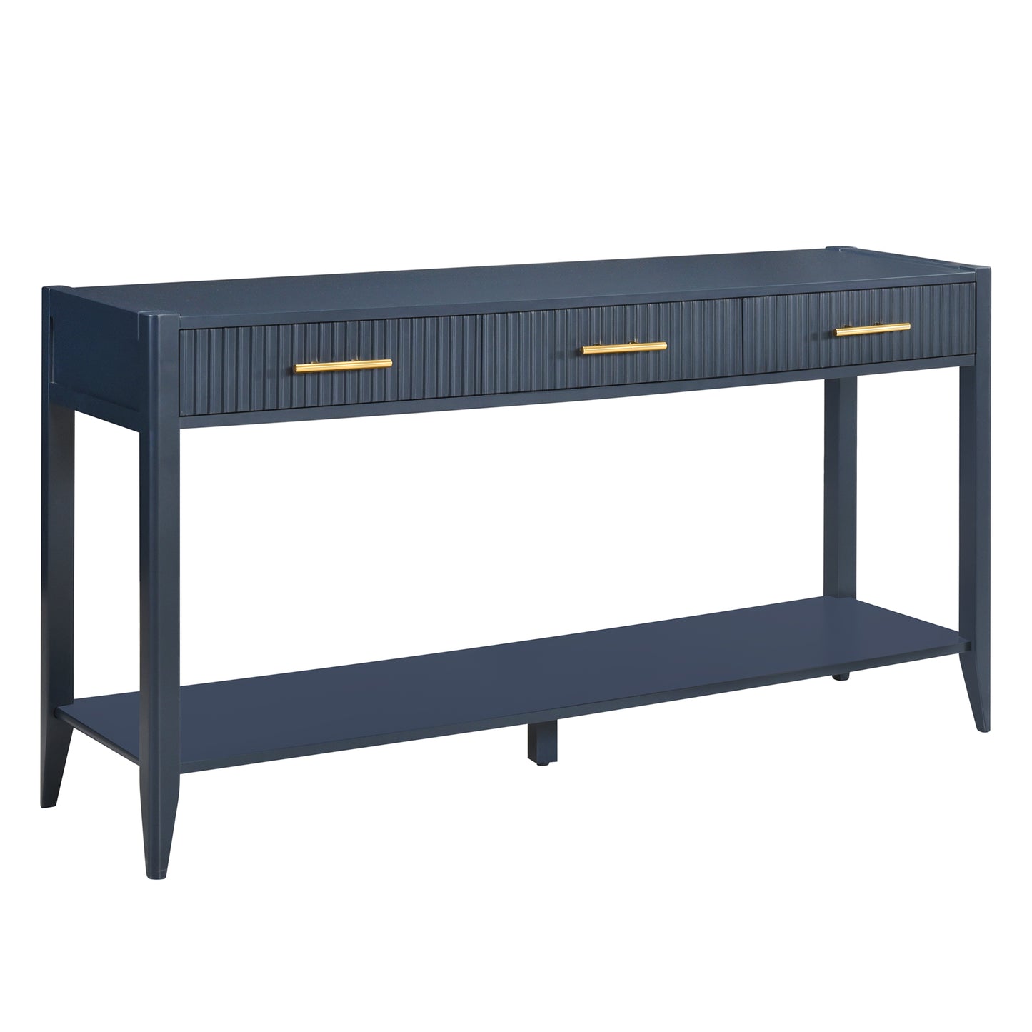 Dark navy console table with ribbed drawers and gold pulls featuring a lower shelf