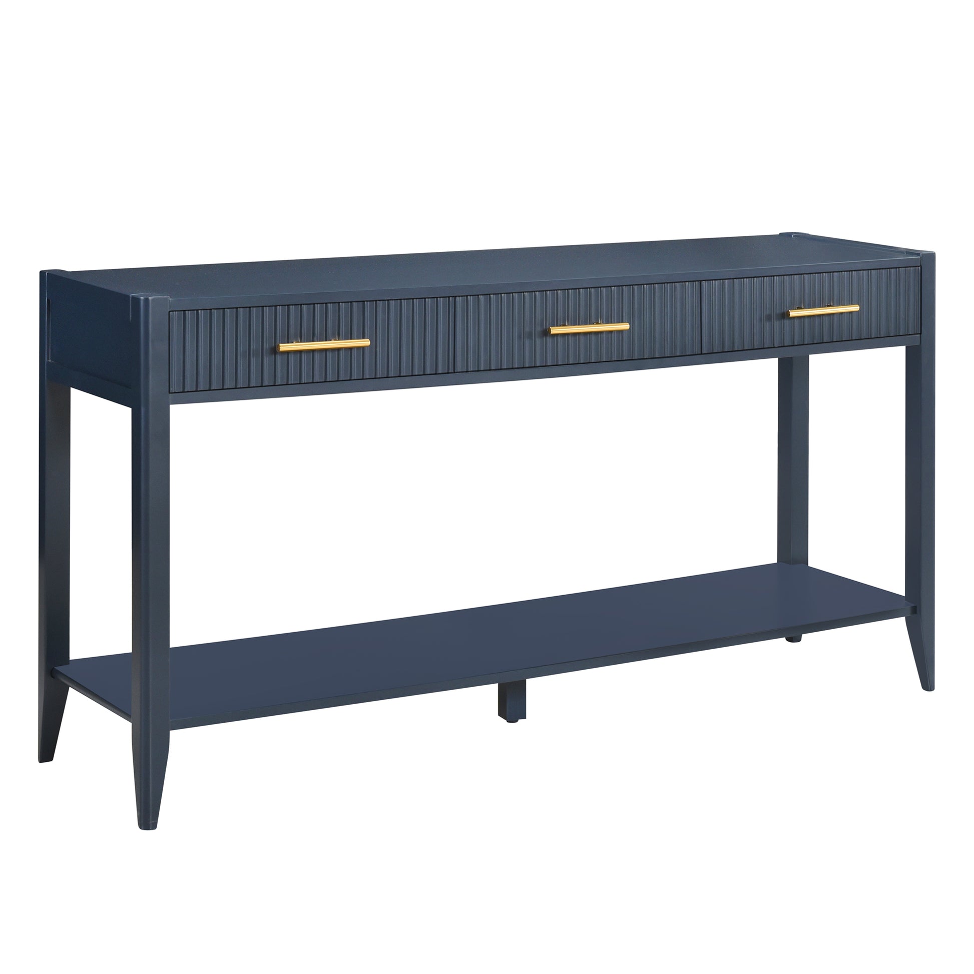 Dark navy console table with ribbed drawers and gold pulls featuring a lower shelf