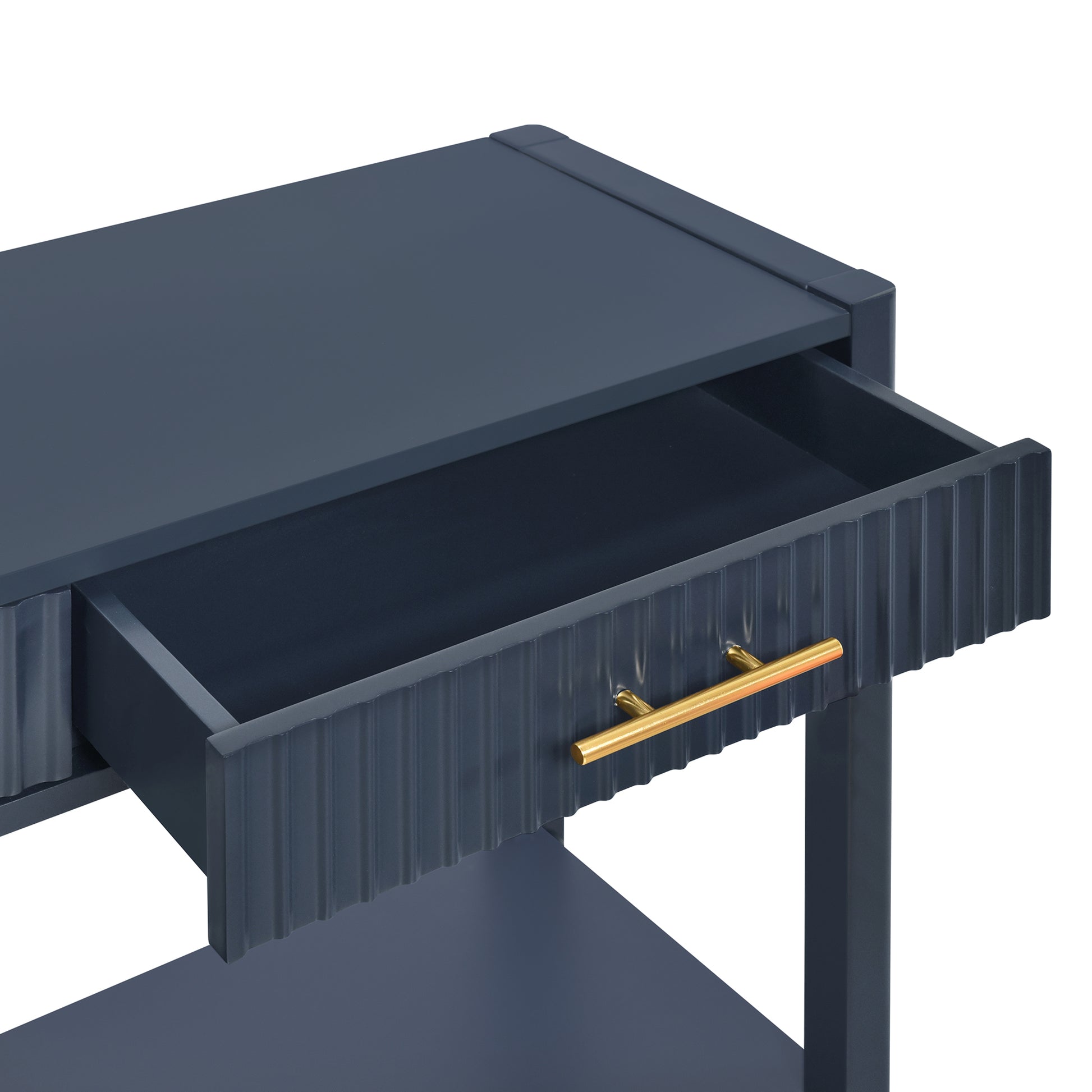Dark blue bedside table with fluted drawer and brass handle