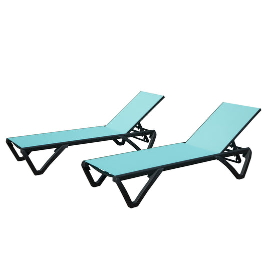 Pair of teal fabric chaise lounge chairs with black metal frames perfect for poolside relaxation