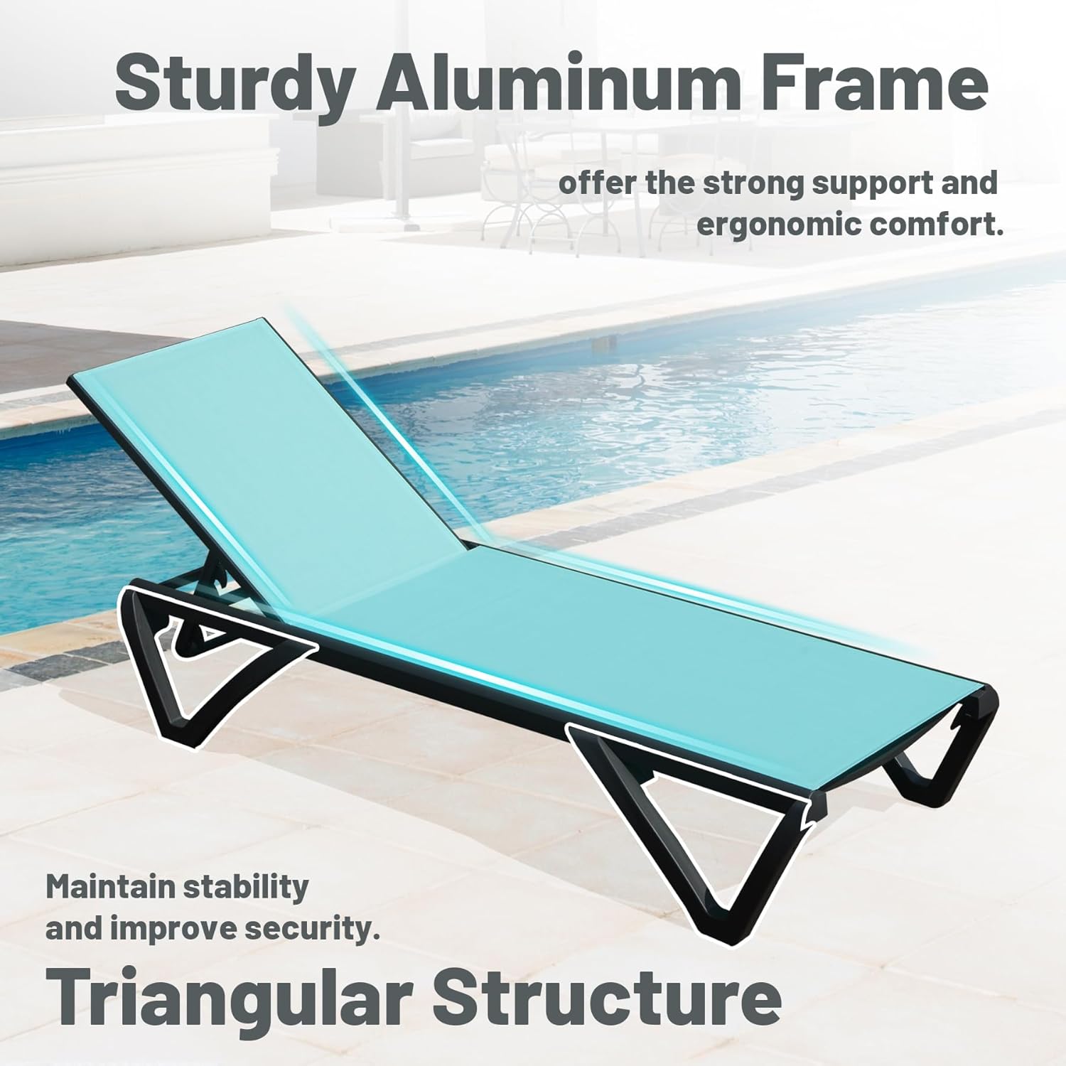 Turquoise sun lounger with black triangular frame by a pool offering stable support