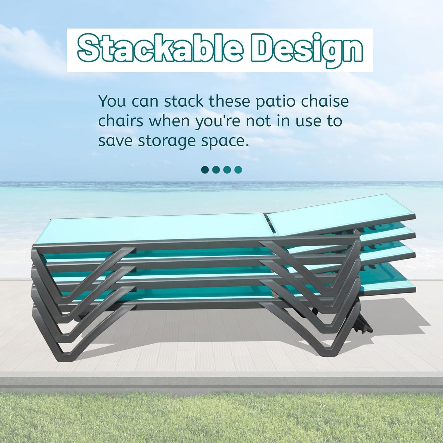 Aqua blue patio chaise loungers with gray metal frames stacked compactly