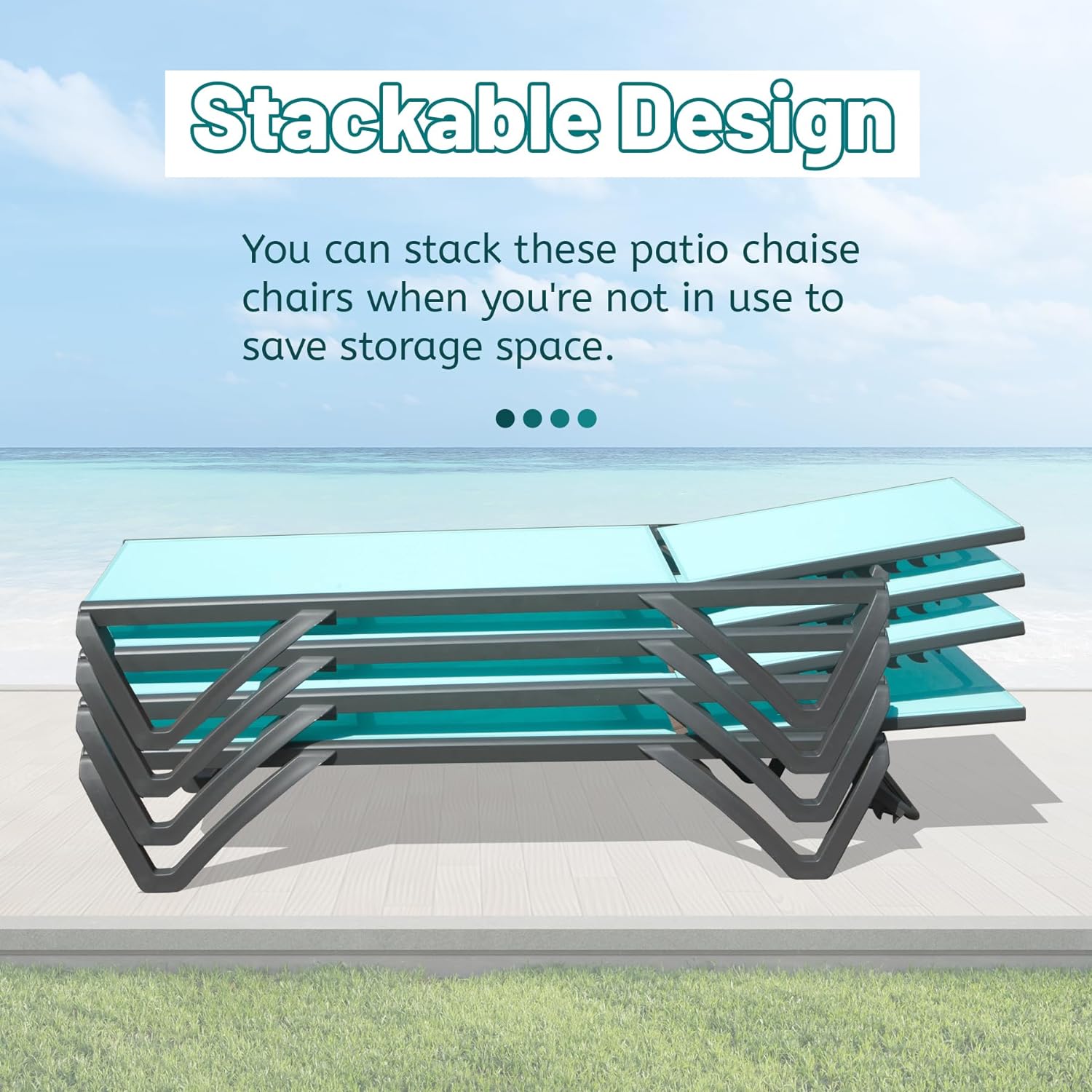 Aqua blue patio chaise loungers with gray metal frames stacked compactly