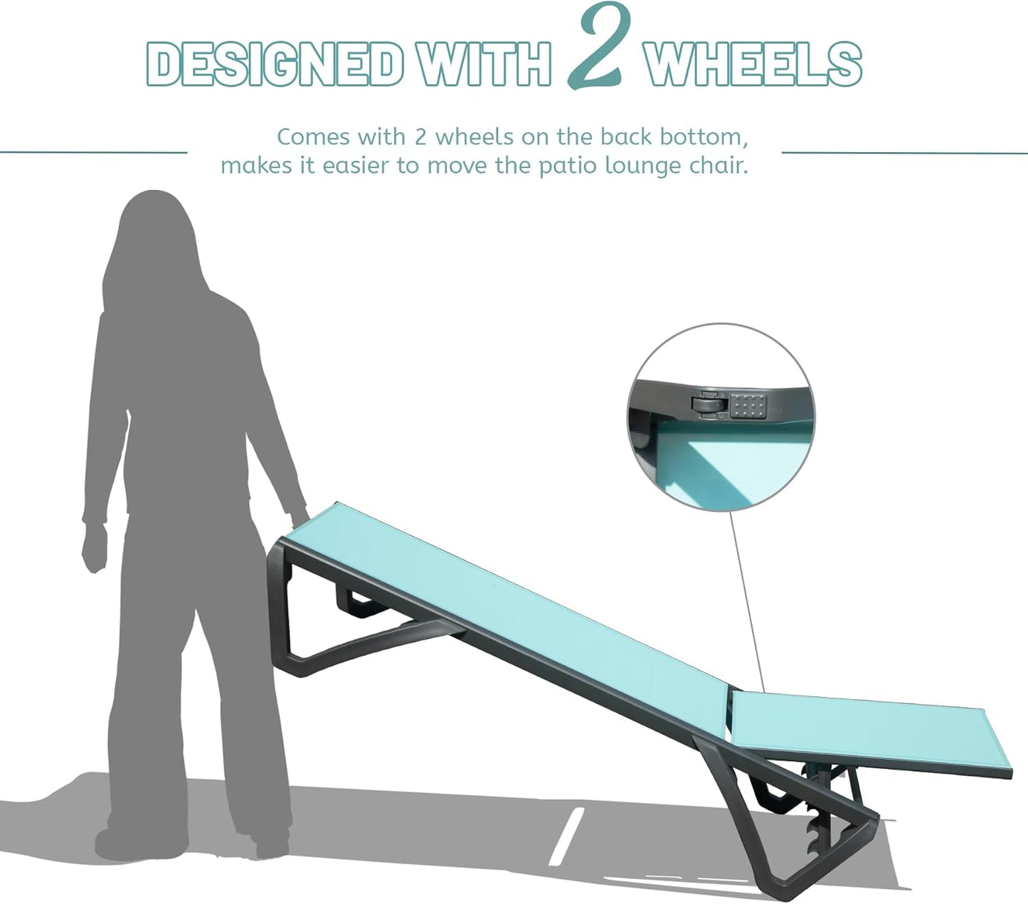 Teal patio lounge chair with black frame featuring two wheels for easy portability