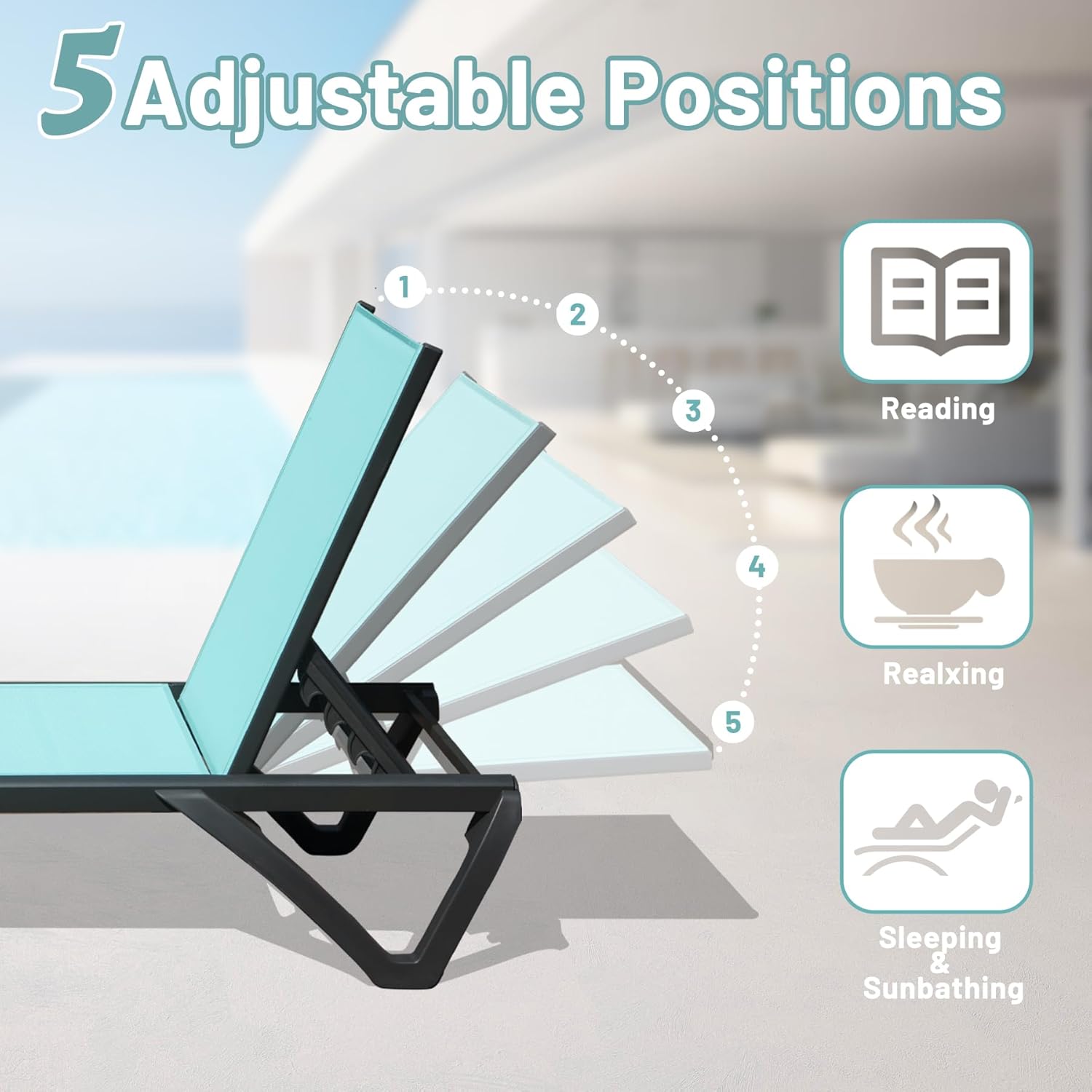 Turquoise chaise lounge with black frame showcasing  adjustable positions for relaxation