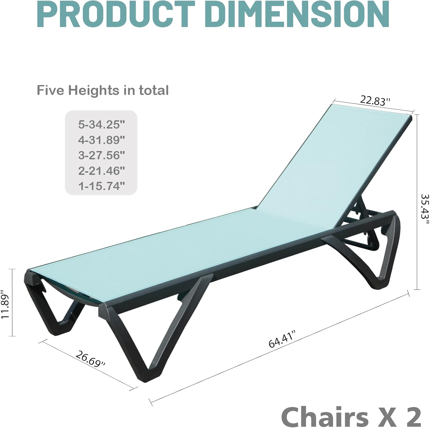 Light blue glass chaise lounge with black frame showcasing dimensions for patio use