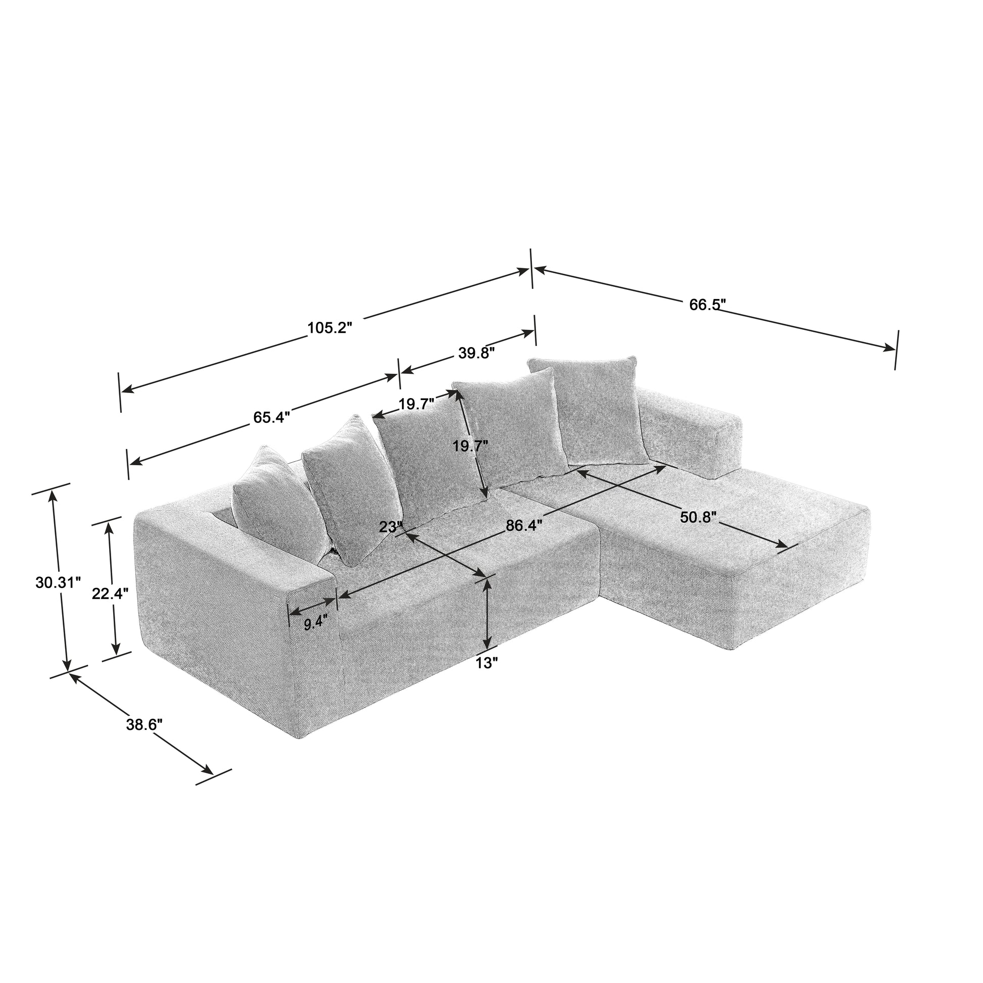 Gray Lshaped sectional sofa with plush cushions and armrests  W x  D
