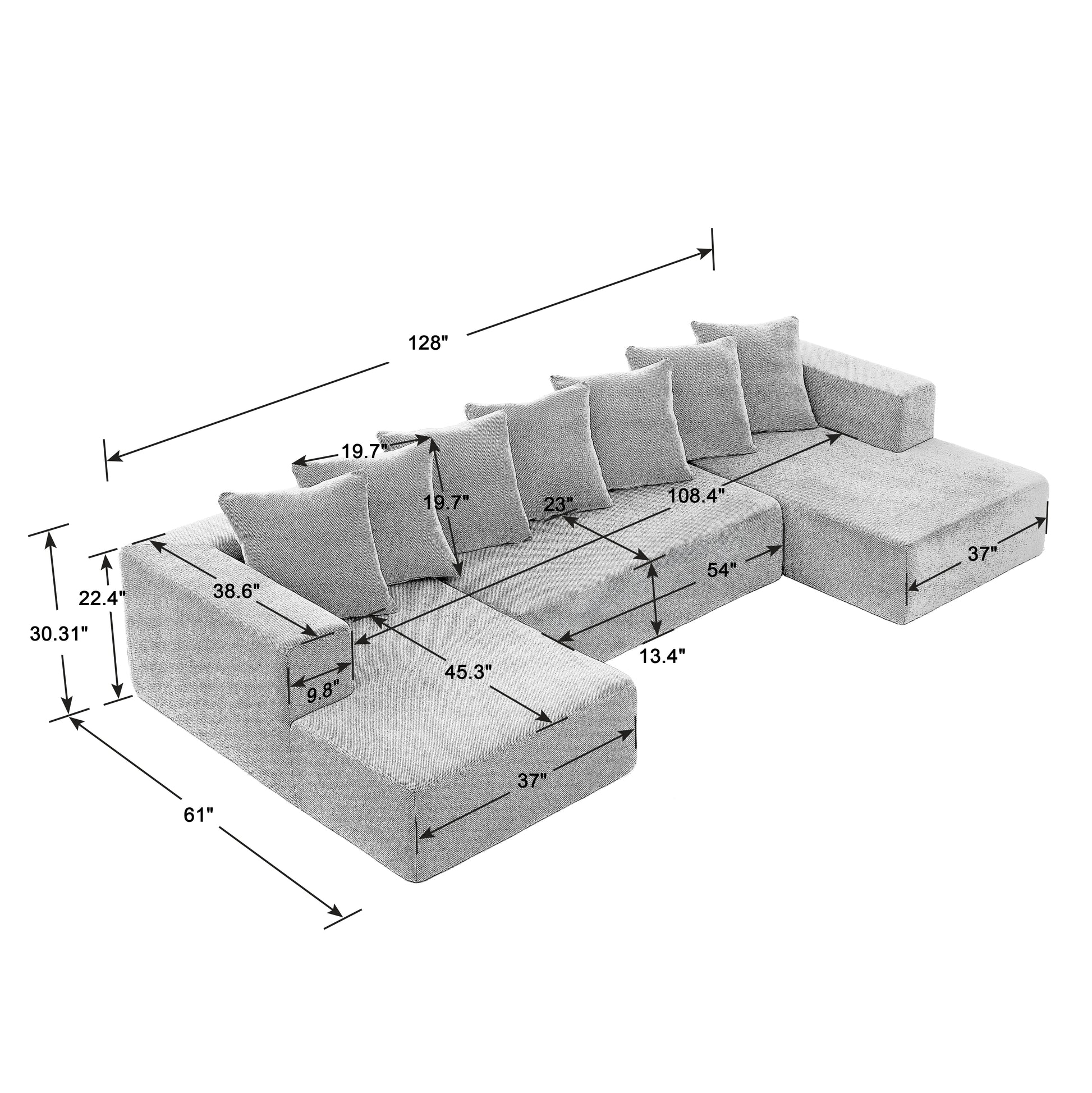 Light grey fabric sectional sofa with removable cushions and integrated side tables