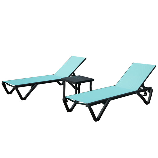Two teal mesh chaise lounge chairs with black frames and a matching side table for outdoor relaxation