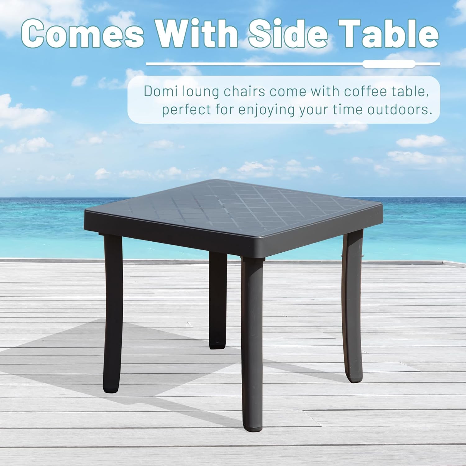 Dark grey square plastic side table with patterned top perfect for outdoor patios