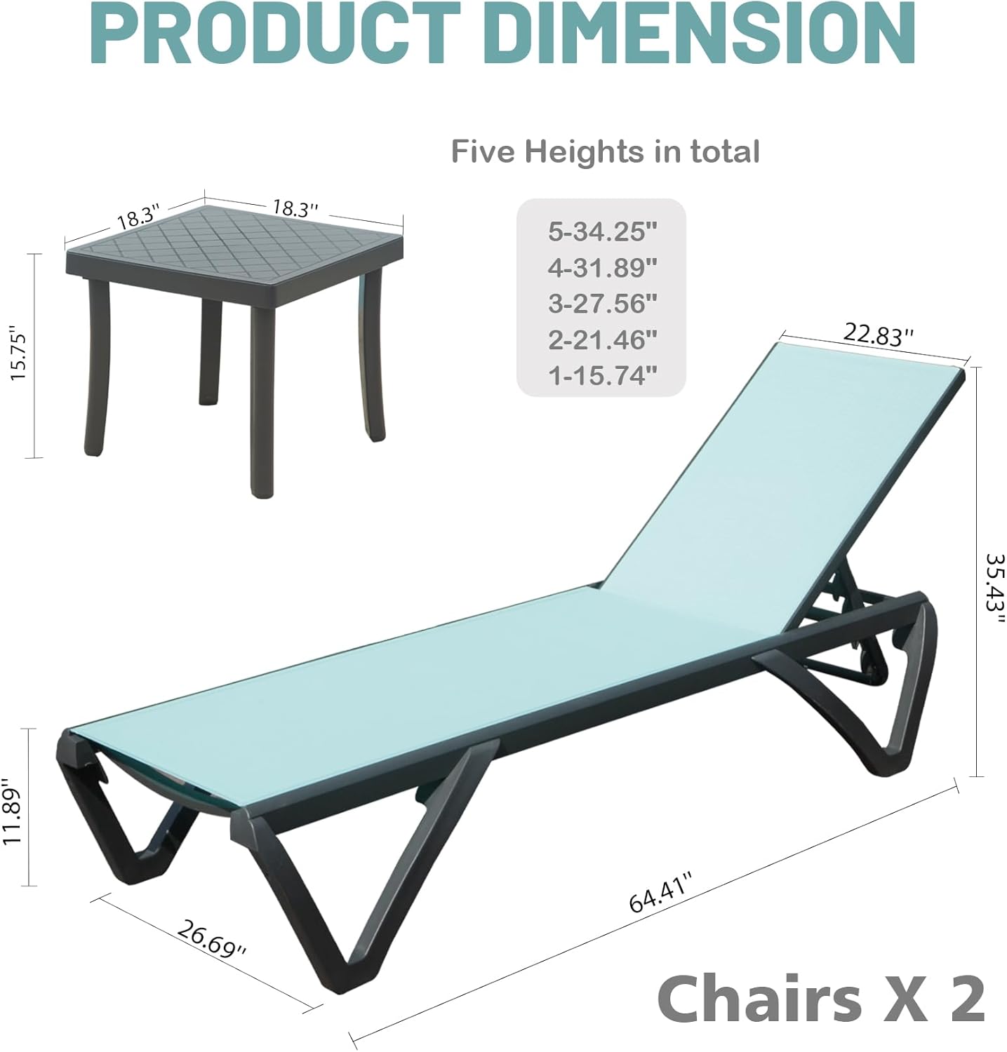 Gray outdoor lounge chair with aquacolored fabric dimensions  L x  W x  H