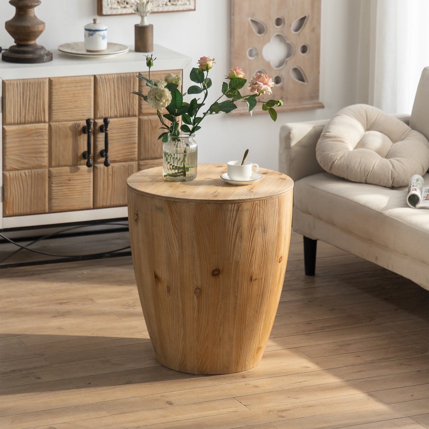 Rustic wooden barrel side table with natural wood grain finish perfect accent for living rooms