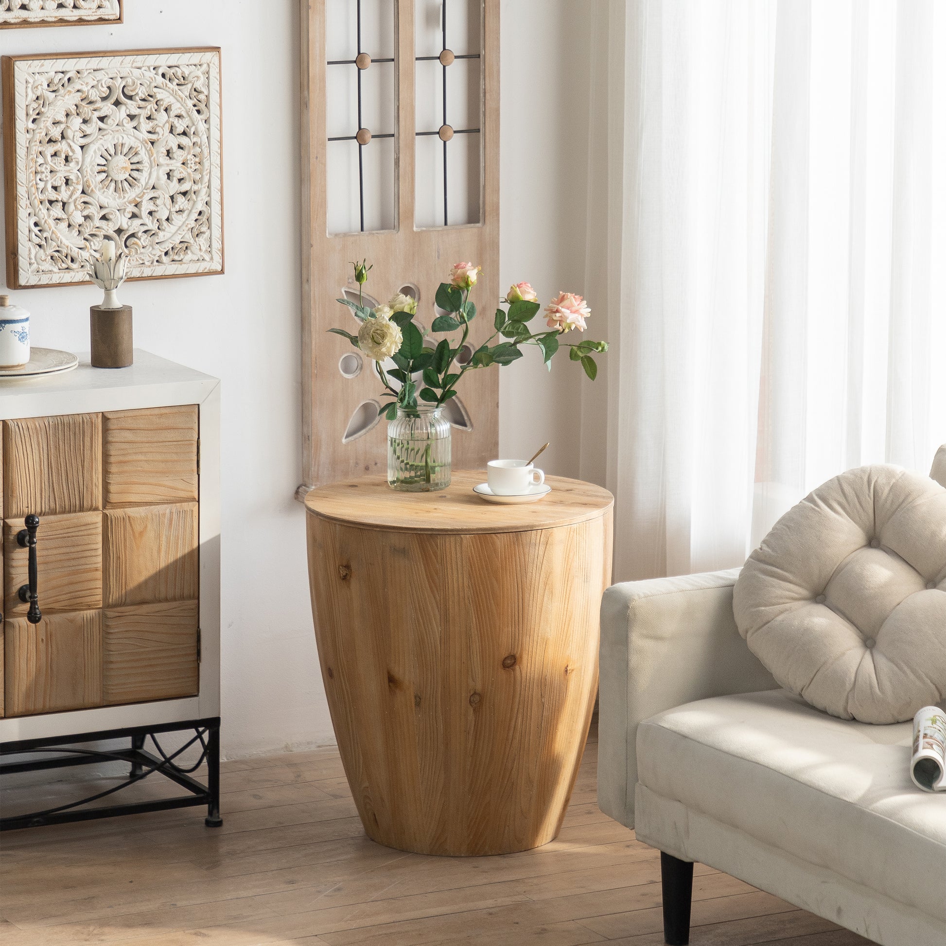 Rustic wooden barrel side table with a curved surface and natural wood grain