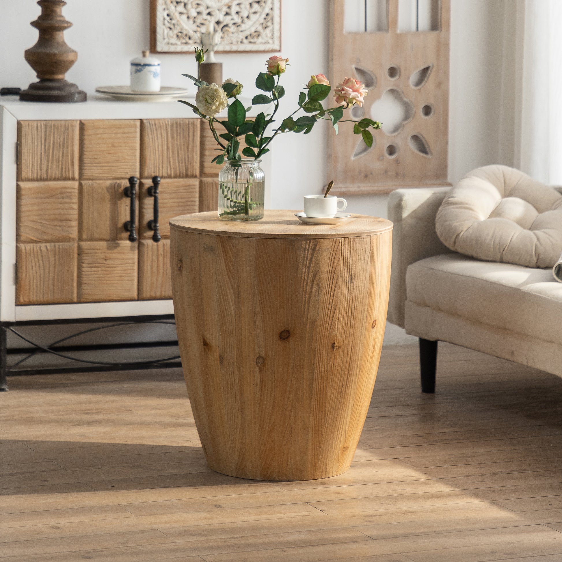 Rustic wooden barrel end table with natural wood grain perfect for farmhouse decor
