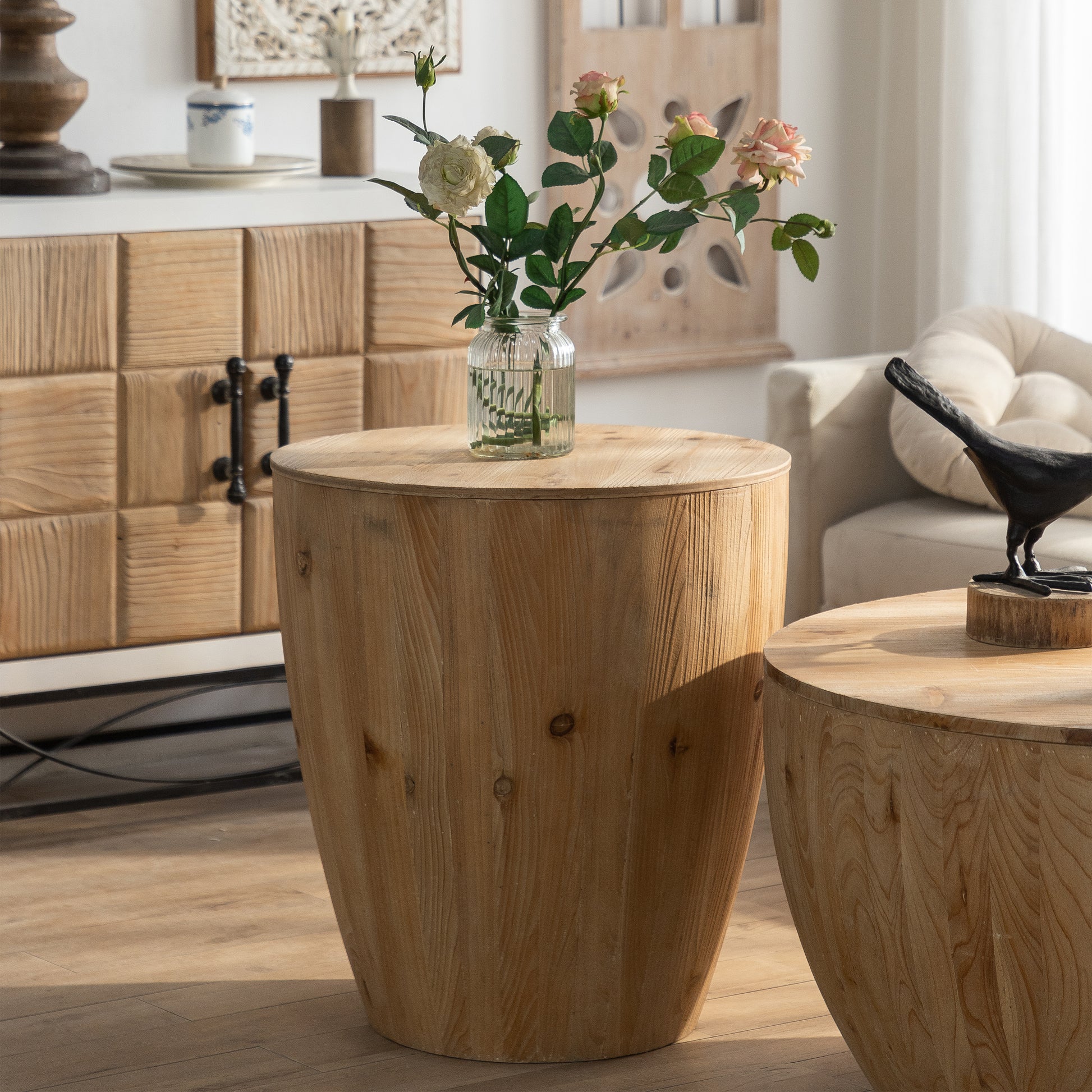 Rustic wooden round side table with natural wood grain and tapered base for living room decor