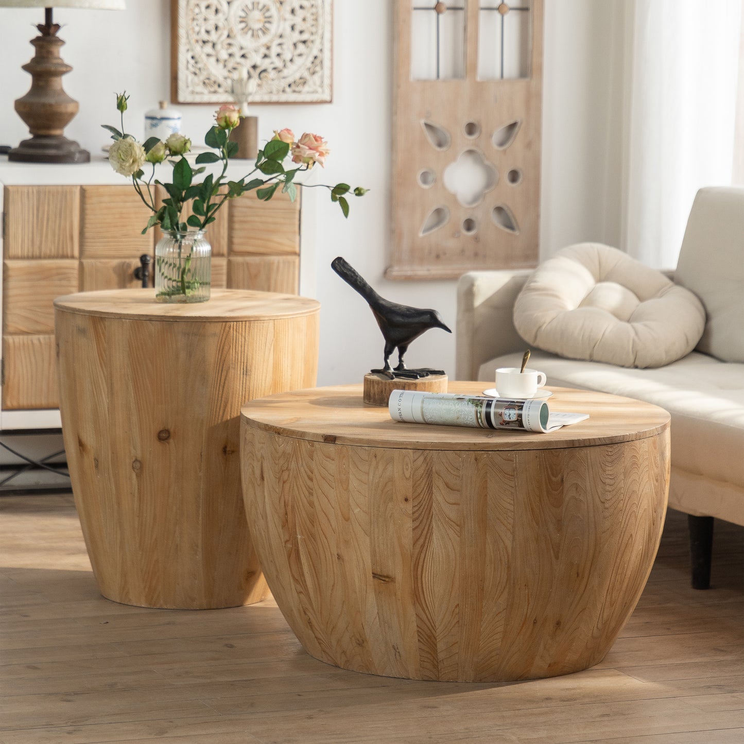 Round natural wood coffee table with subtle grain perfect for modern living rooms