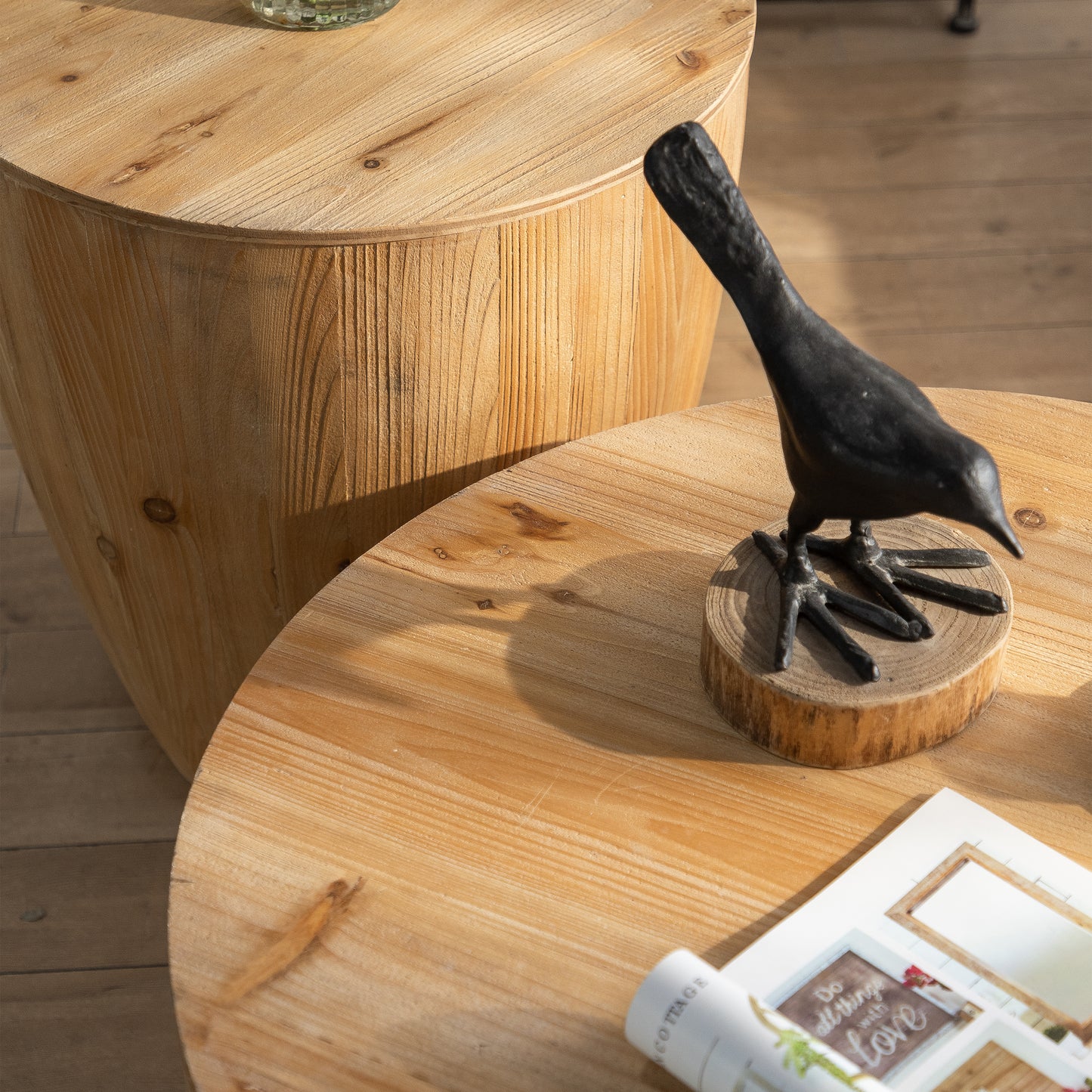 Solid pine wood side table natural finish with a contemporary cylindrical design for living rooms