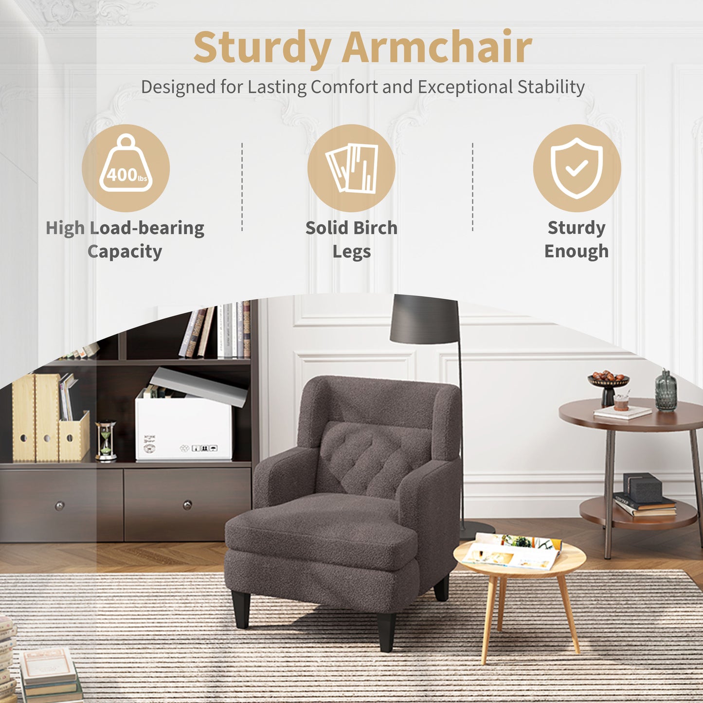Textured dark gray armchair with tufted back and solid birch legs