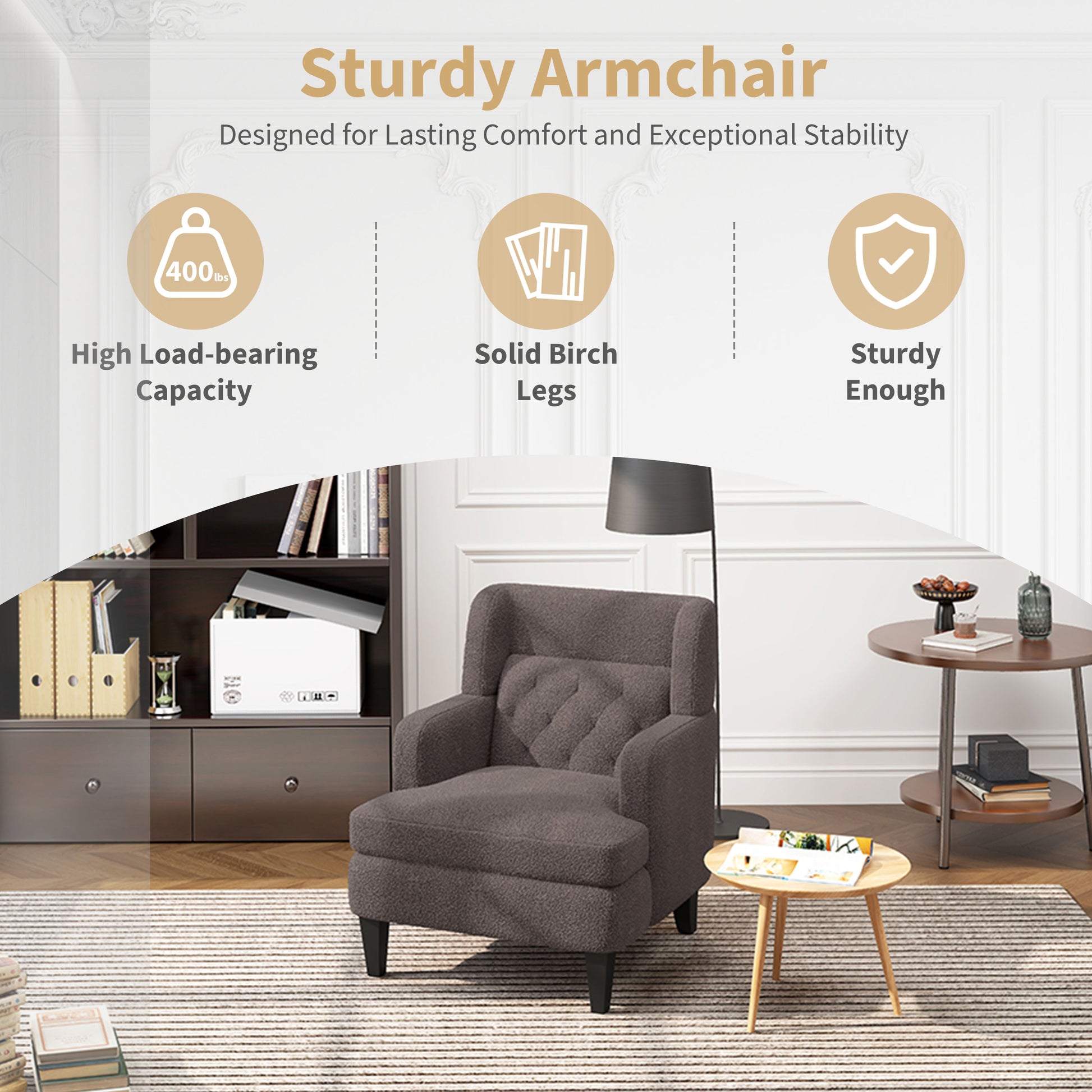 Textured dark gray armchair with tufted back and solid birch legs