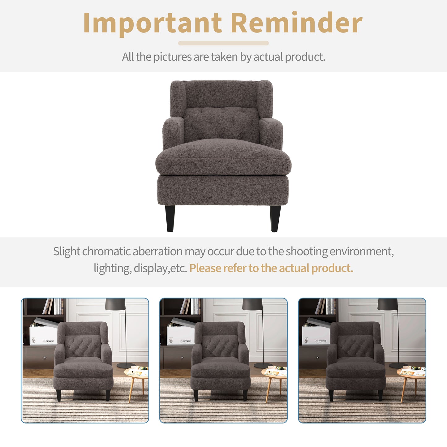 Tufted grey sherpa armchair with wide arms and dark wood legs