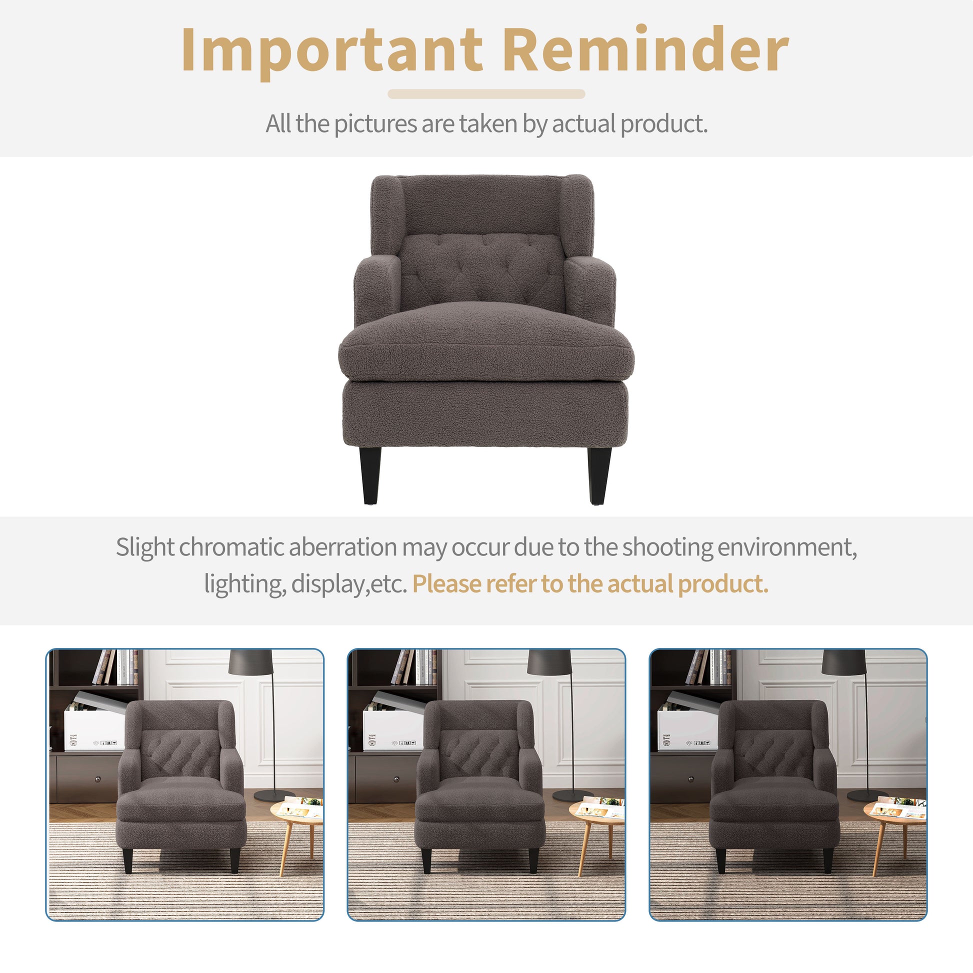 Tufted grey sherpa armchair with wide arms and dark wood legs