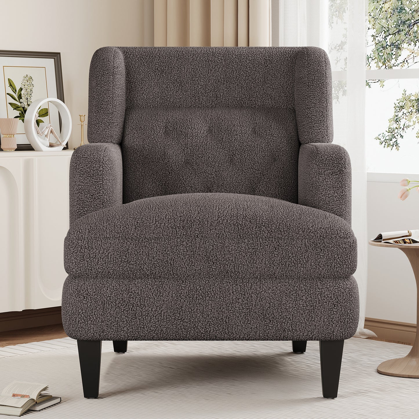 Gray sherpa accent chair with plush texture and winged backrest