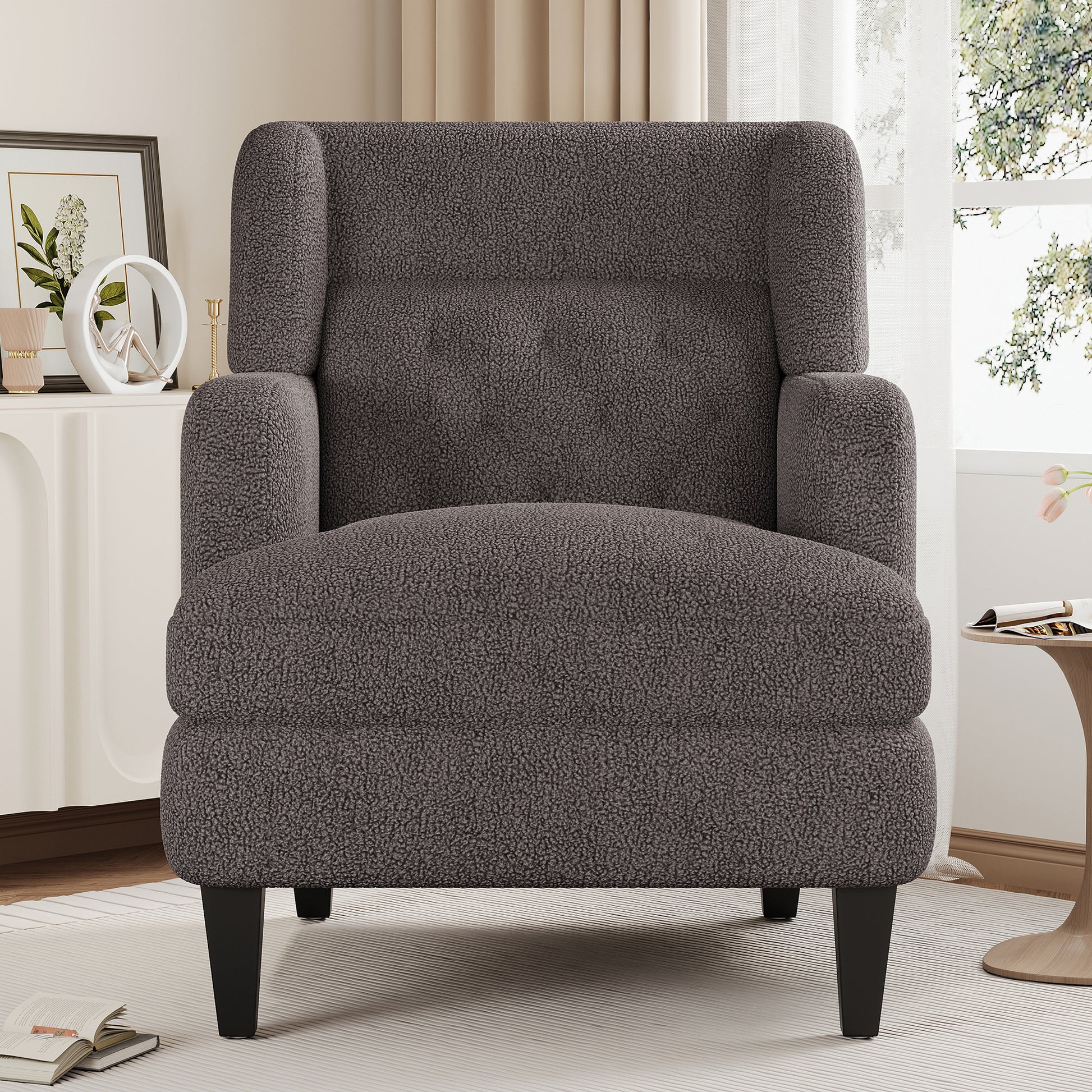 Gray sherpa accent chair with plush texture and winged backrest