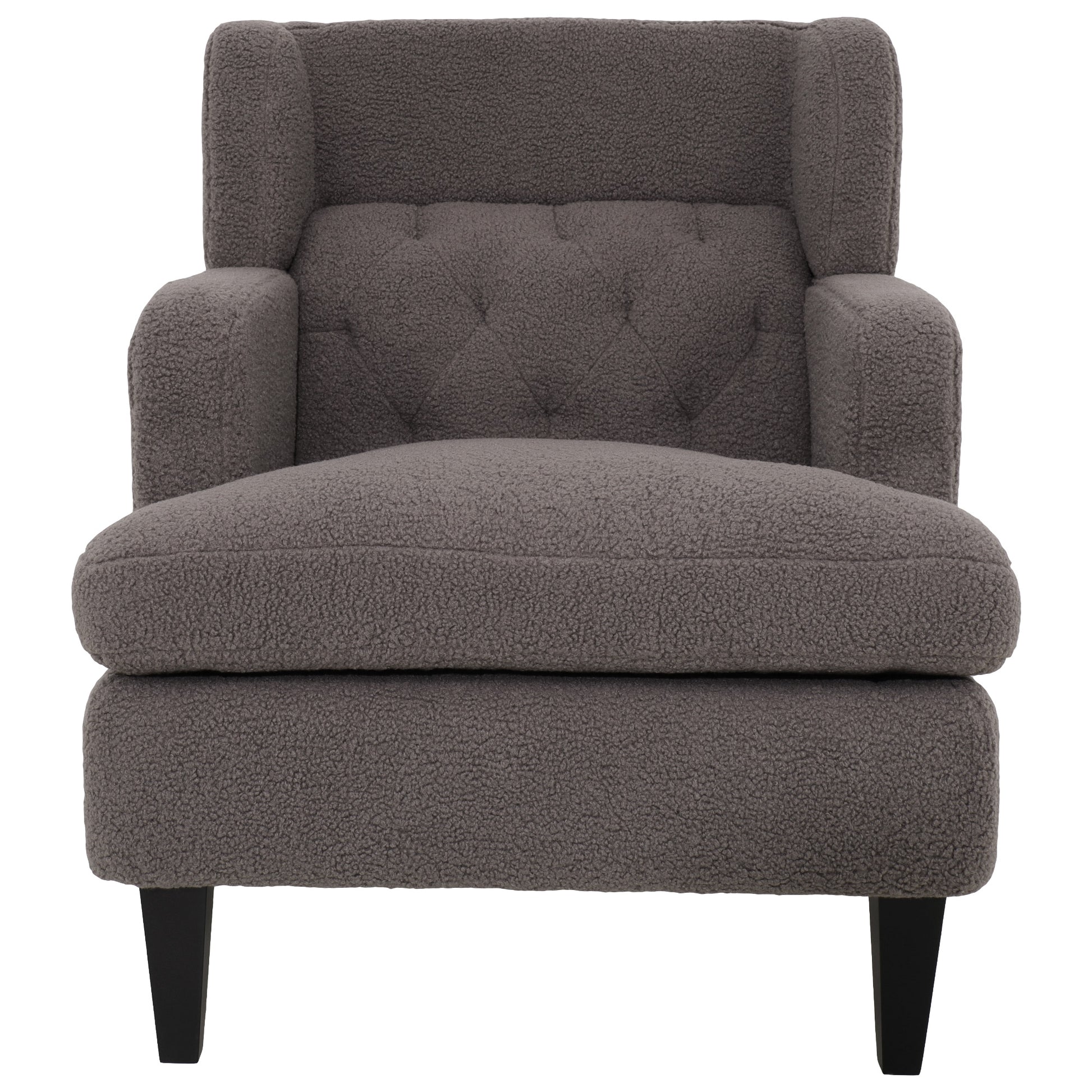 Grey textured armchair with button tufted back and plush seat