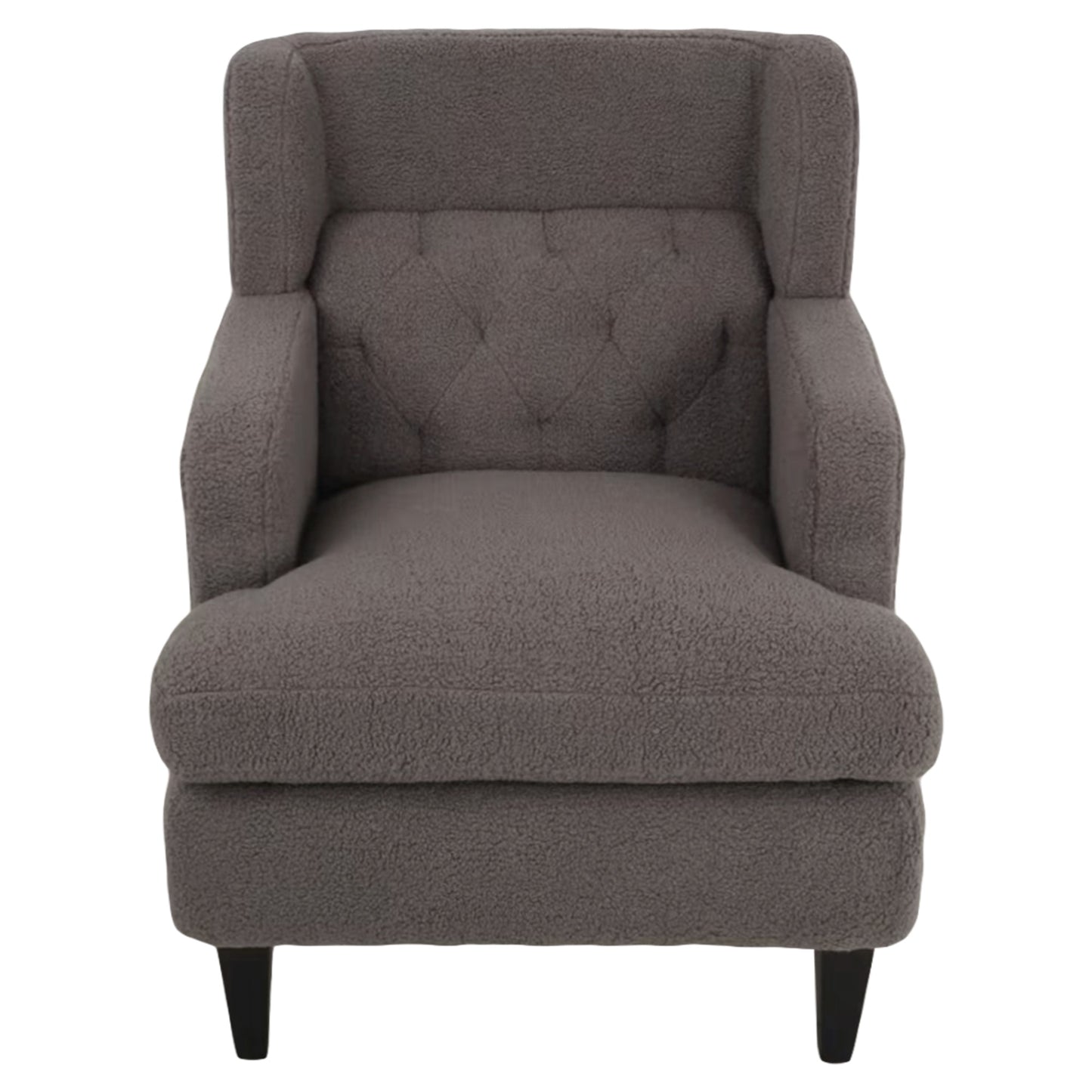 Tufted grey boucle armchair with plush texture and supportive high back for comfortable seating