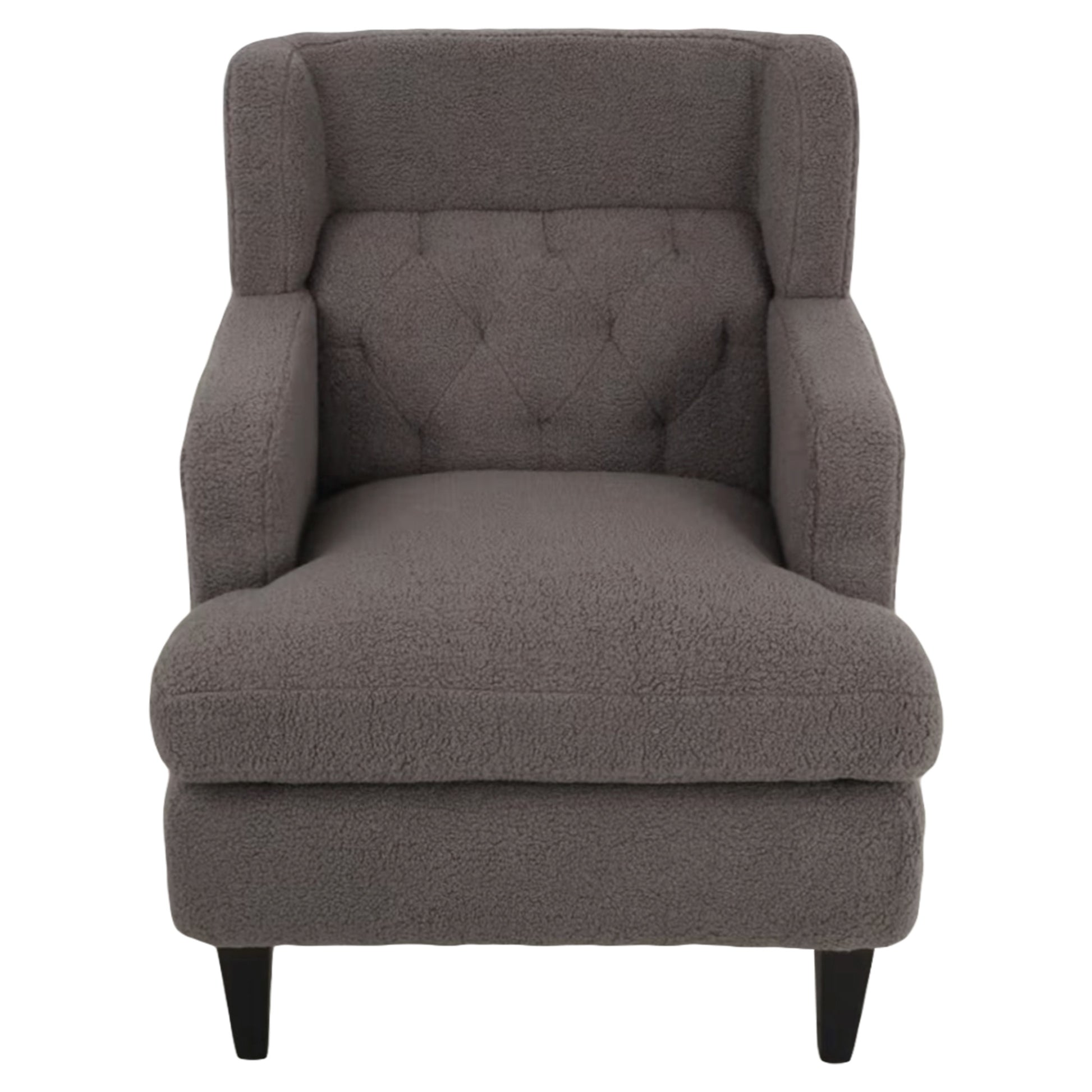 Tufted grey boucle armchair with plush texture and supportive high back for comfortable seating