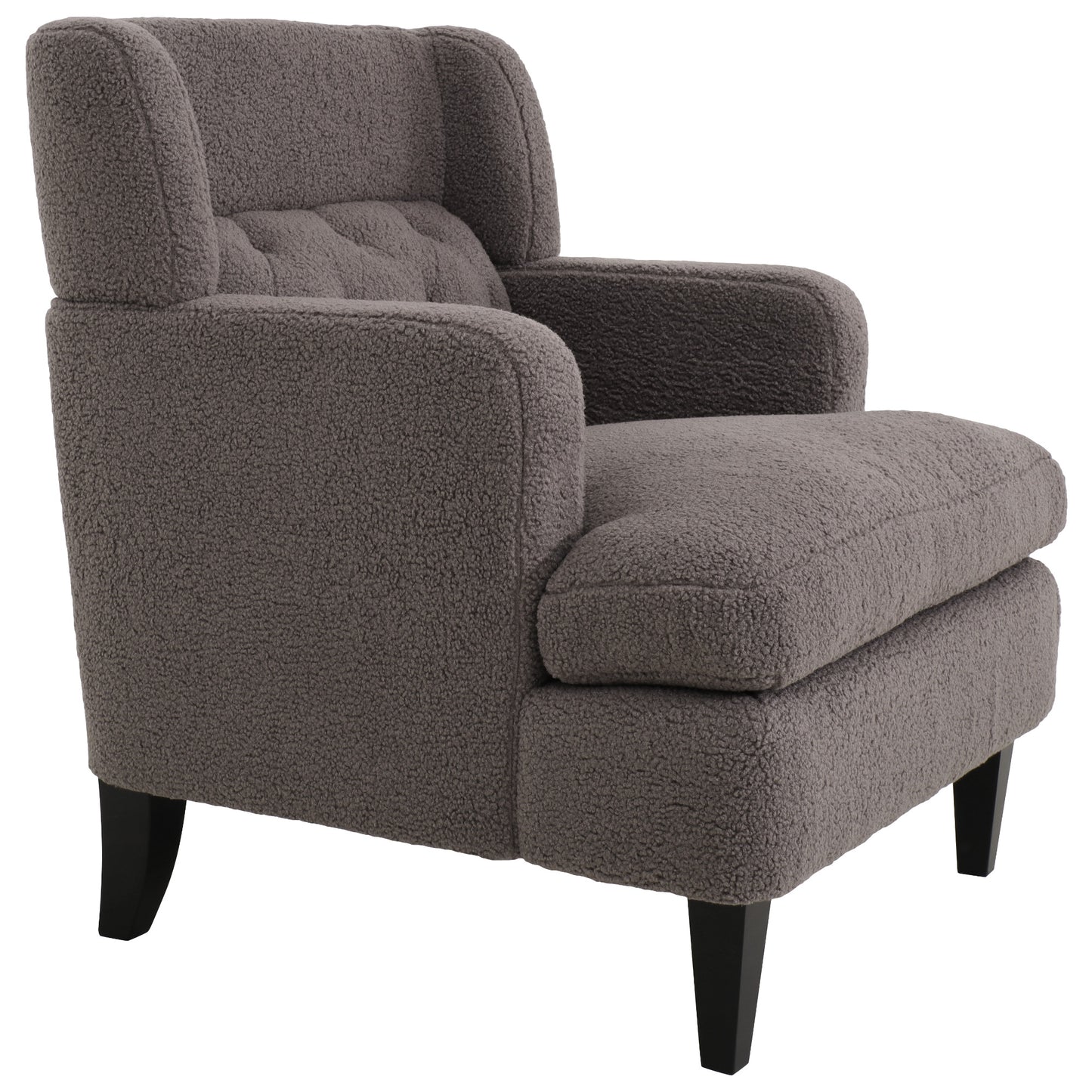 Cozy grey boucle armchair with tufted back and black wooden legs