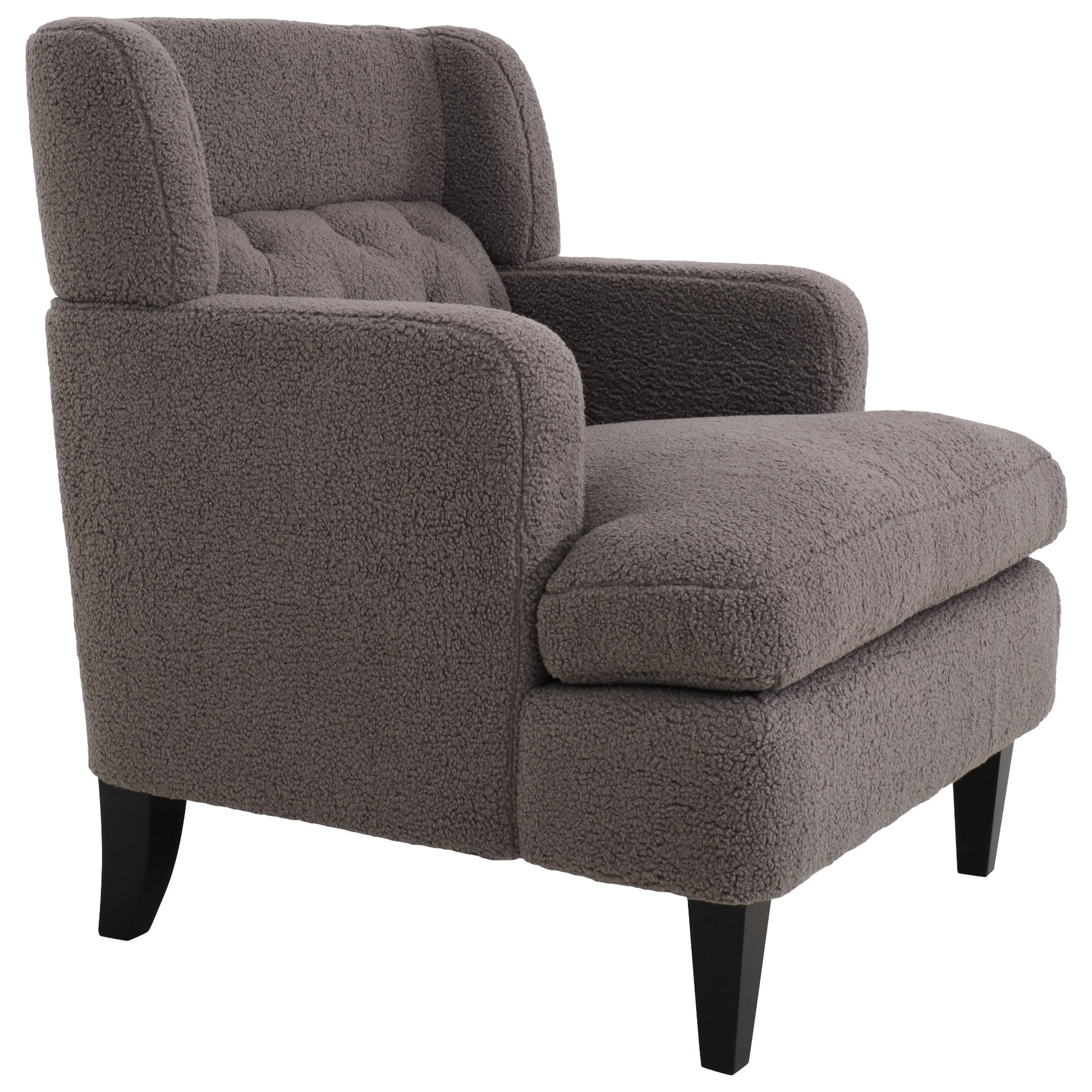 Cozy grey boucle armchair with tufted back and black wooden legs