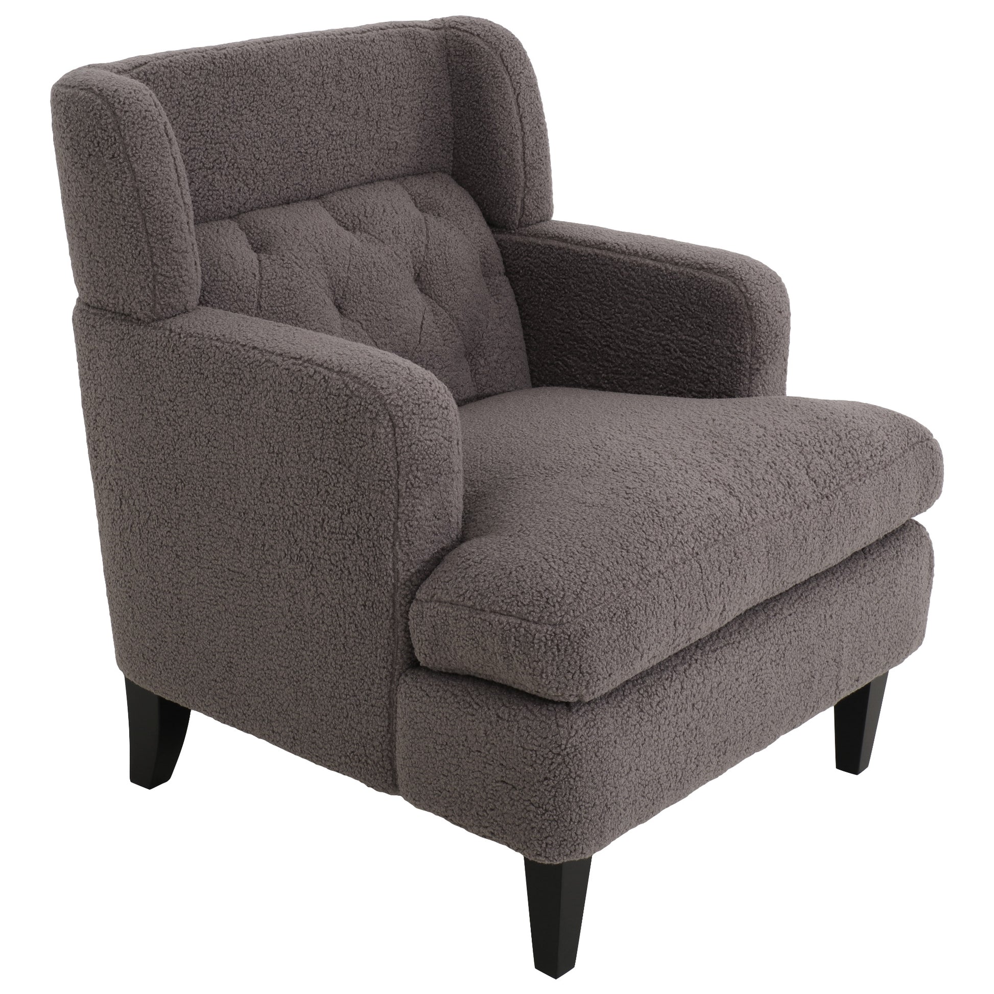 Tufted grey sherpa armchair with flared arms and black tapered legs